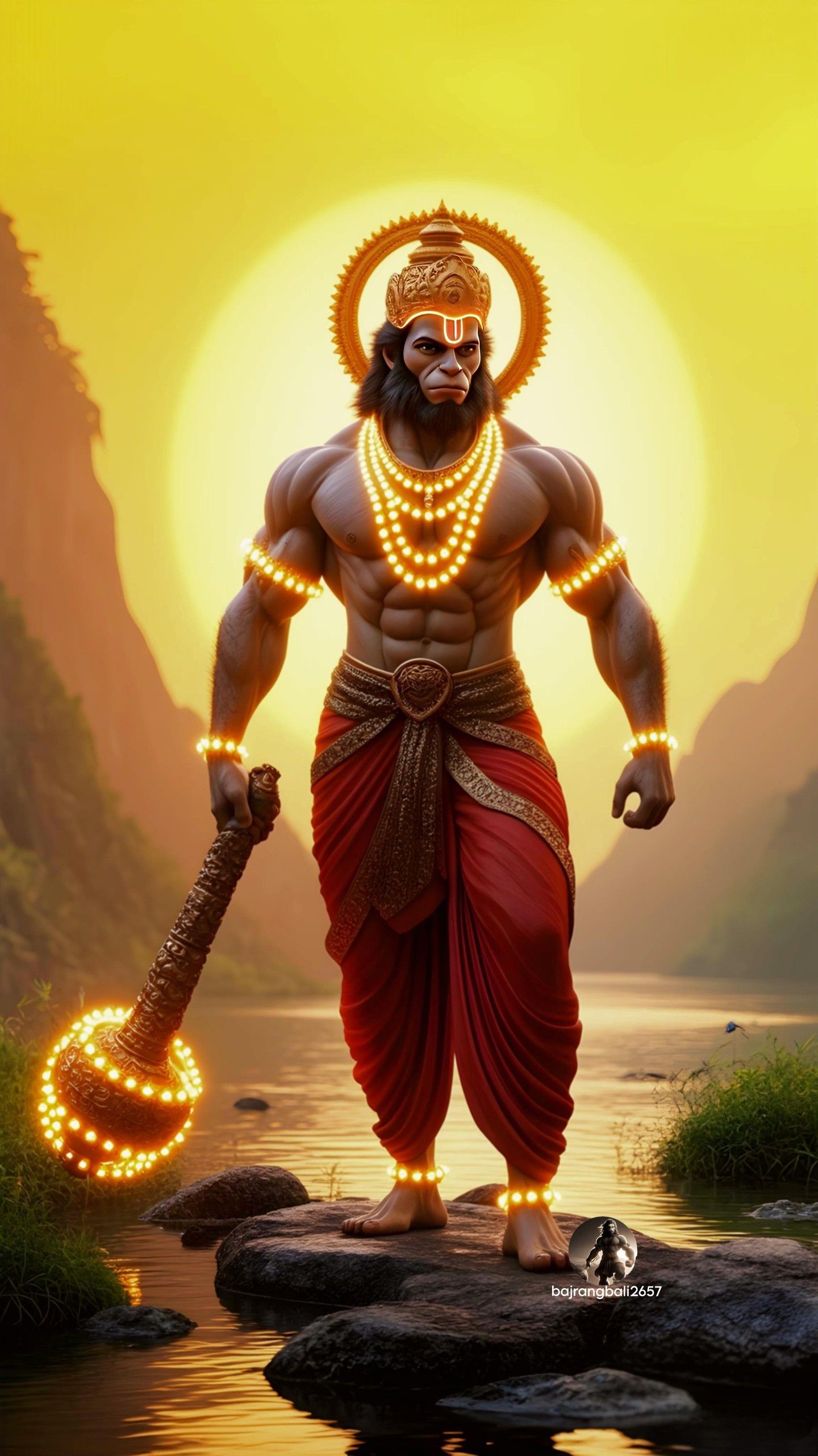 Hanuman standing with mace at sunset
