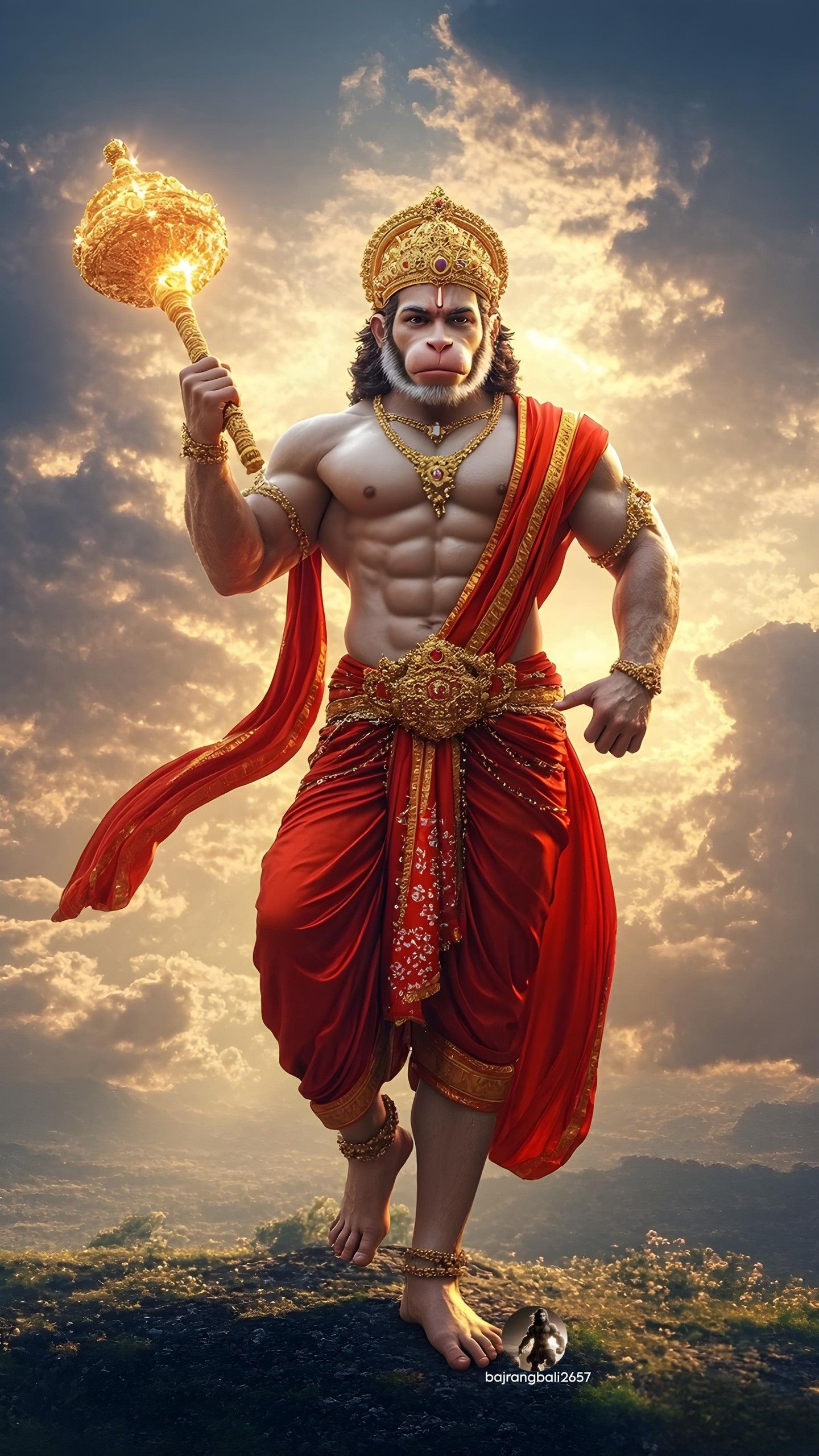 Hanuman holding gada in the sky