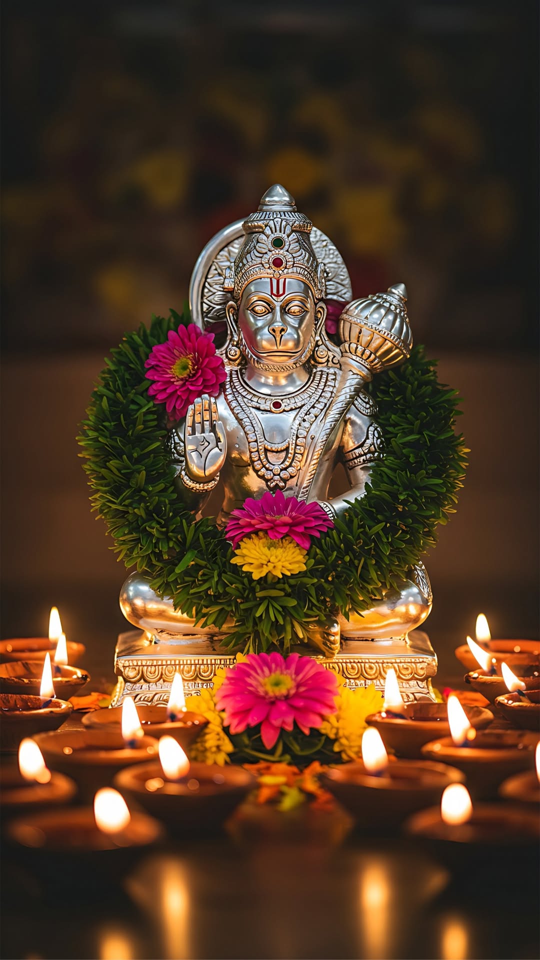 Hanuman statue surrounded by flowers and lamps
