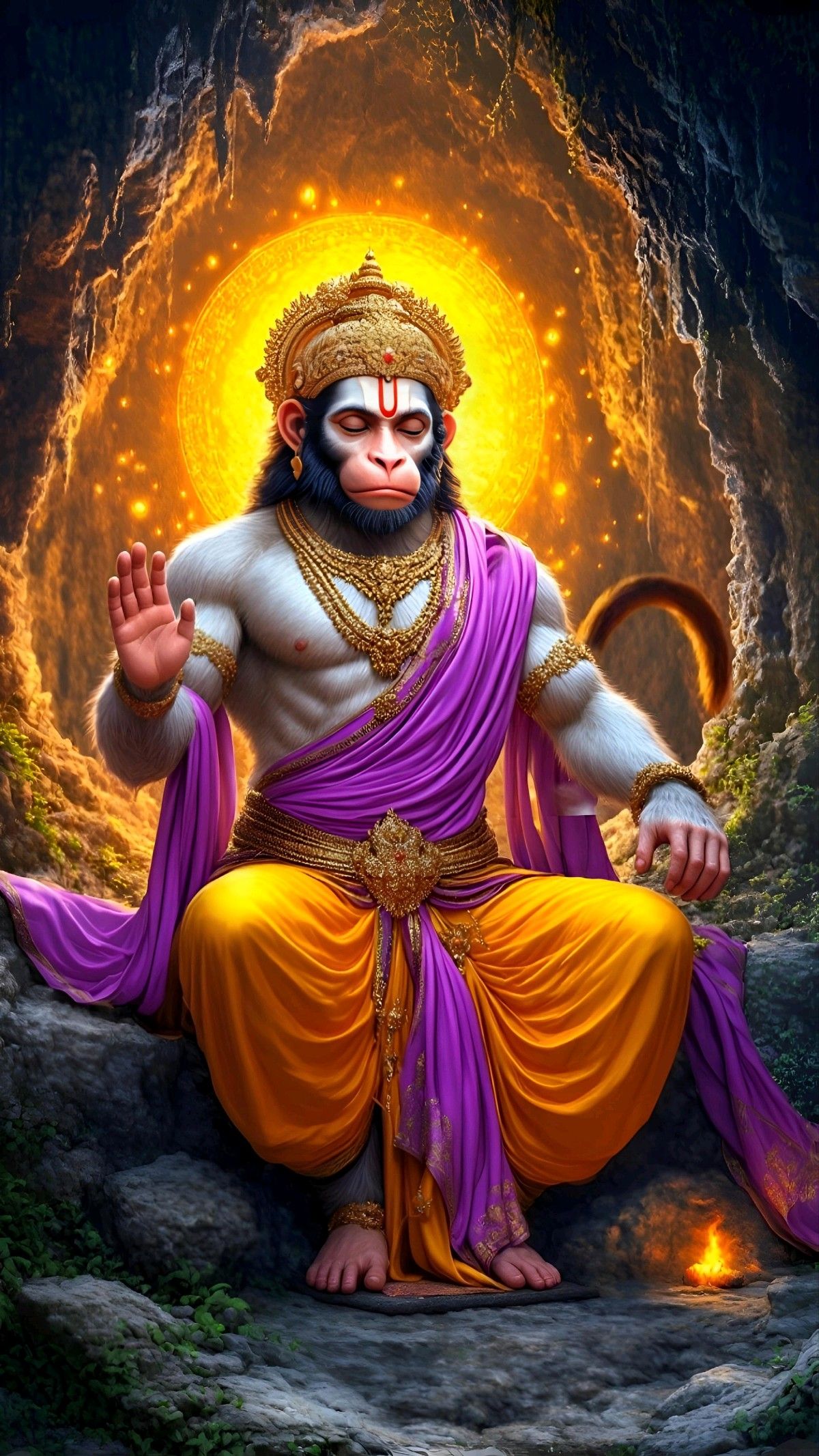 Hanuman seated in a golden cave