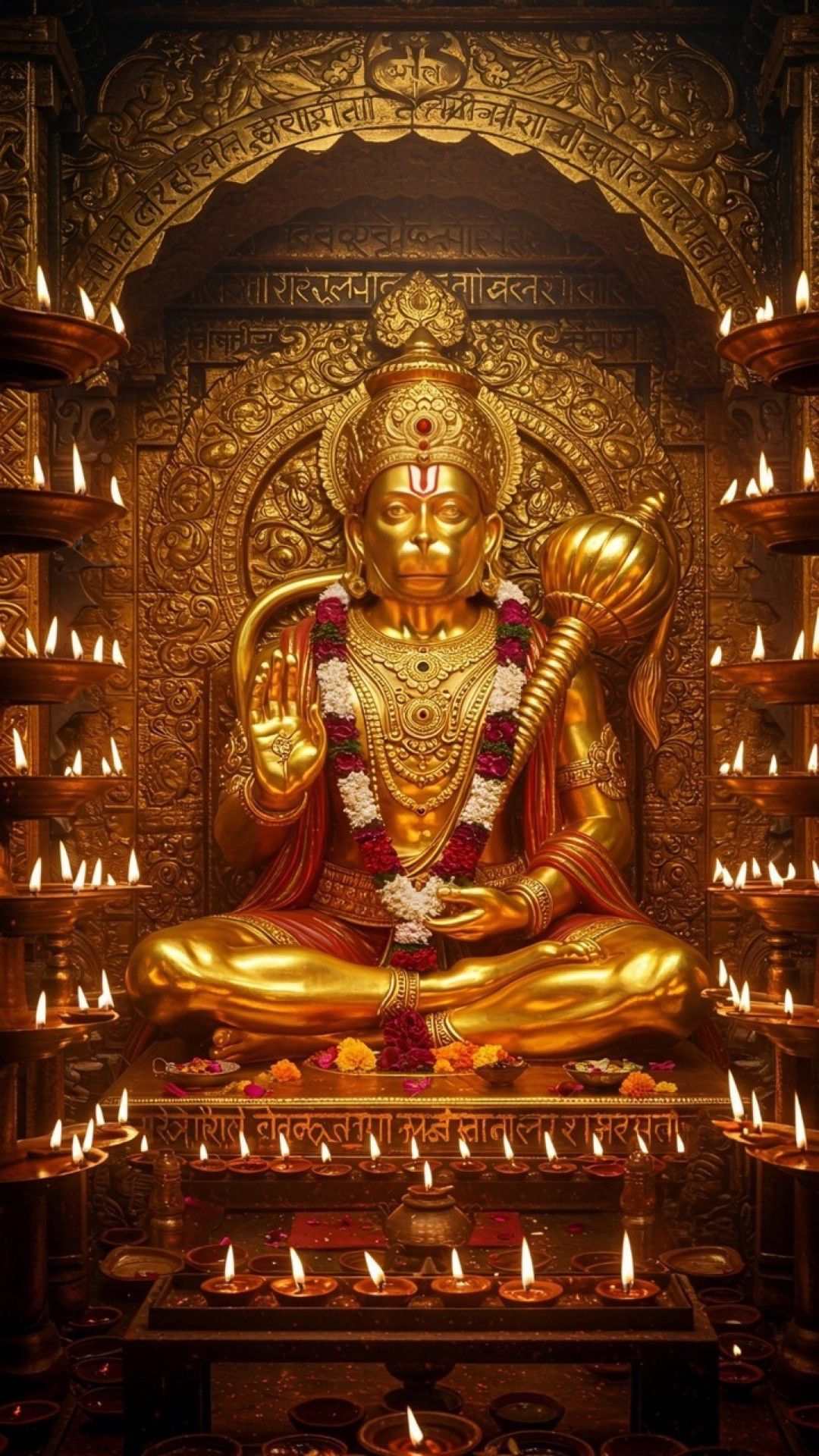 Golden Hanuman seated in a temple