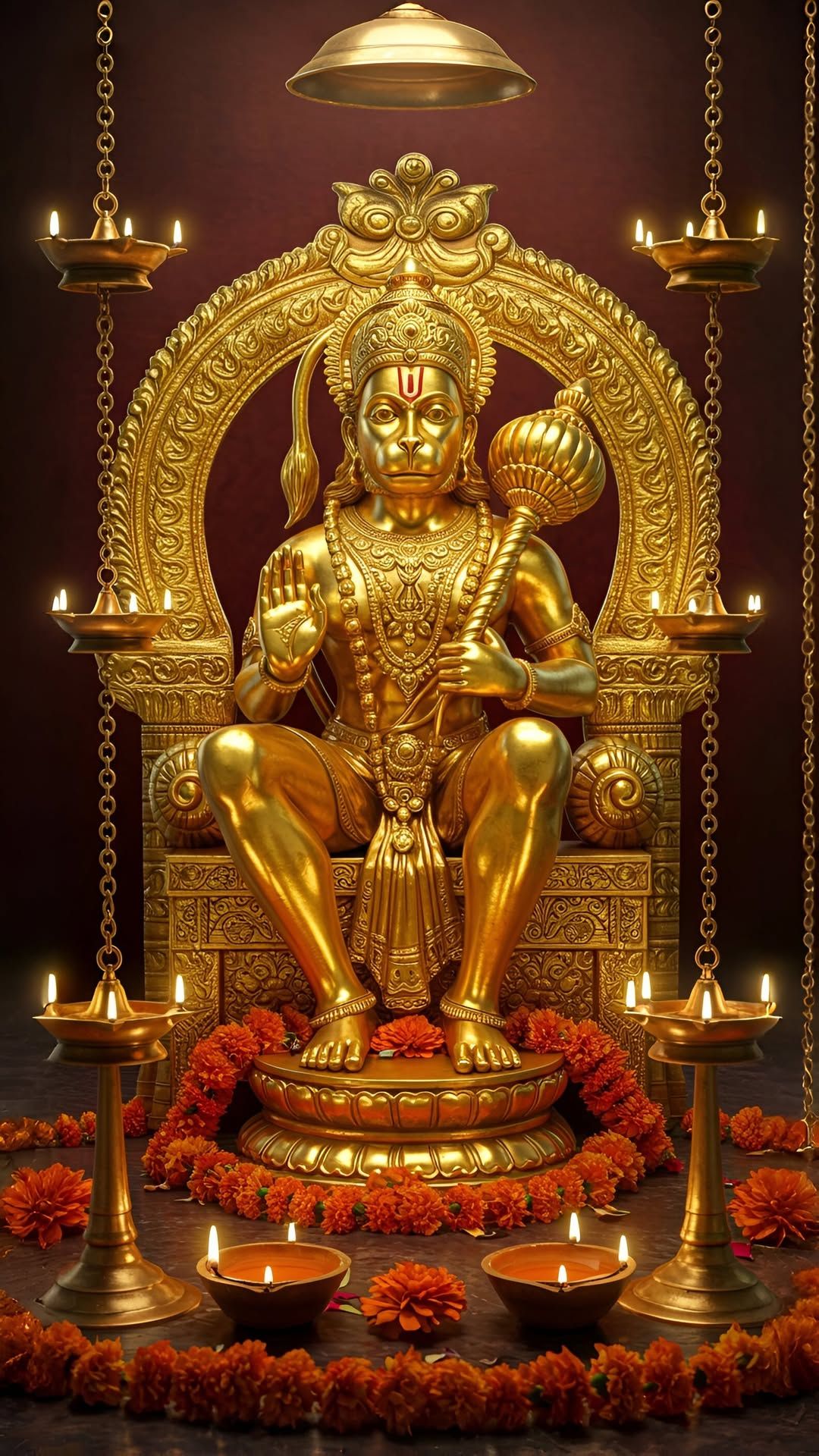 Golden Hanuman idol with floral offerings