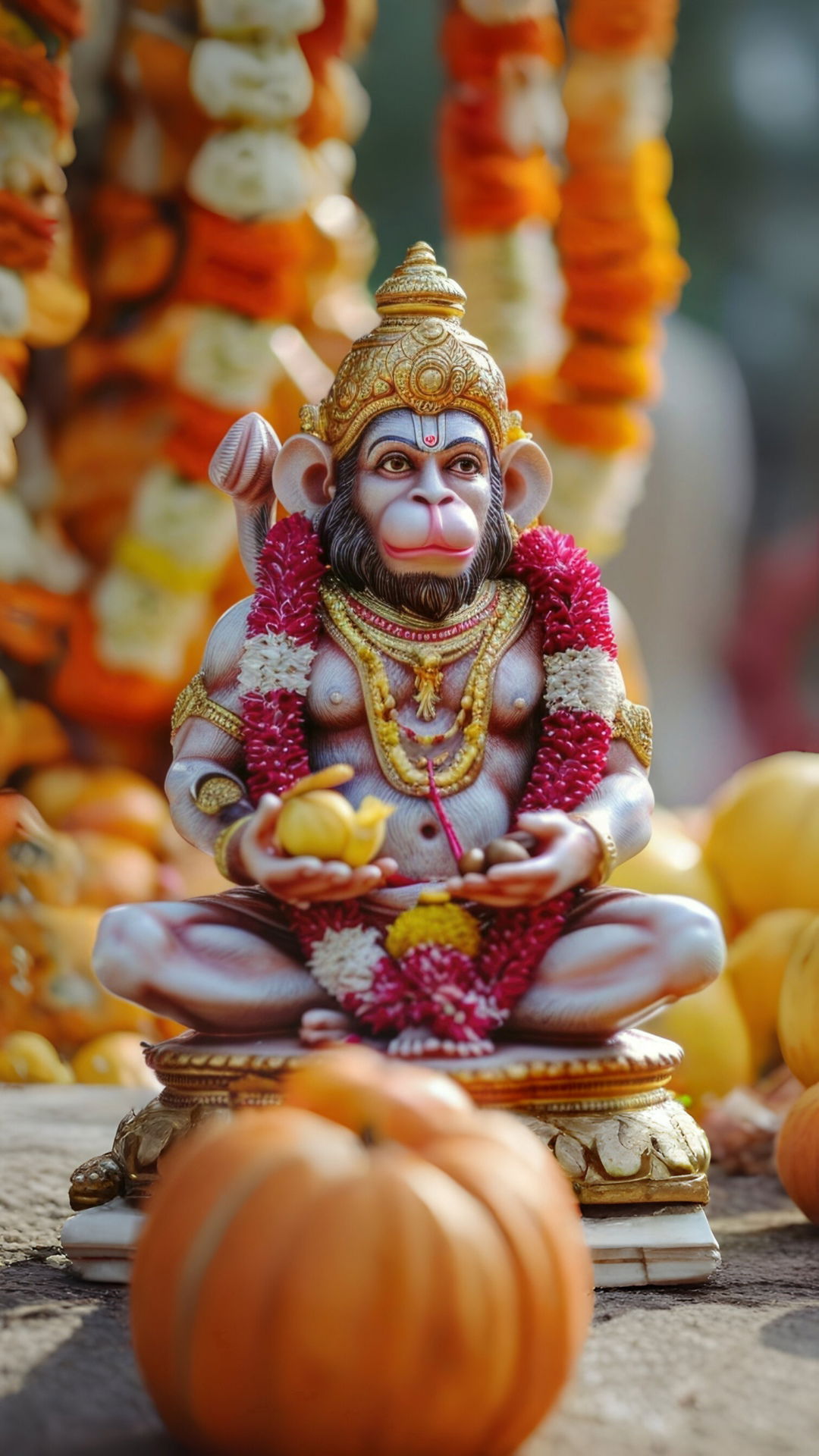 Hanuman statue with orange marigolds