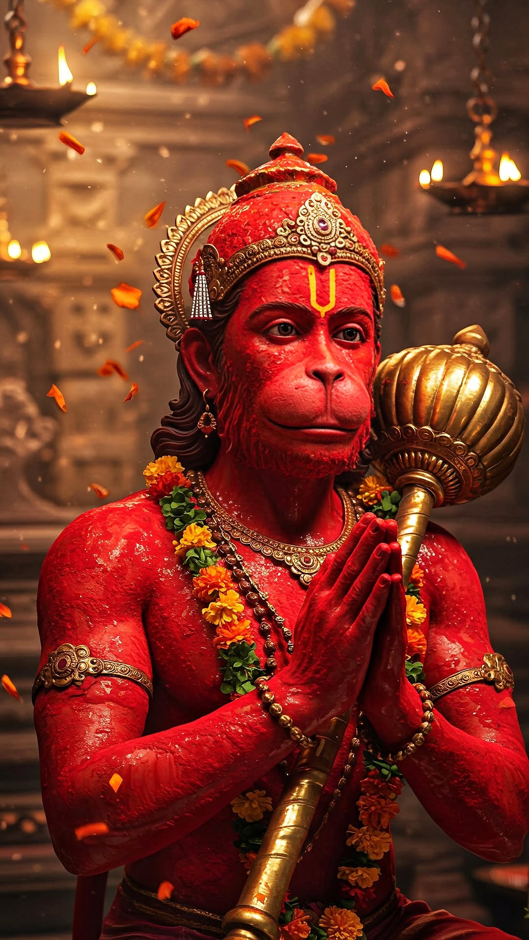 Hanuman with mace in temple setting