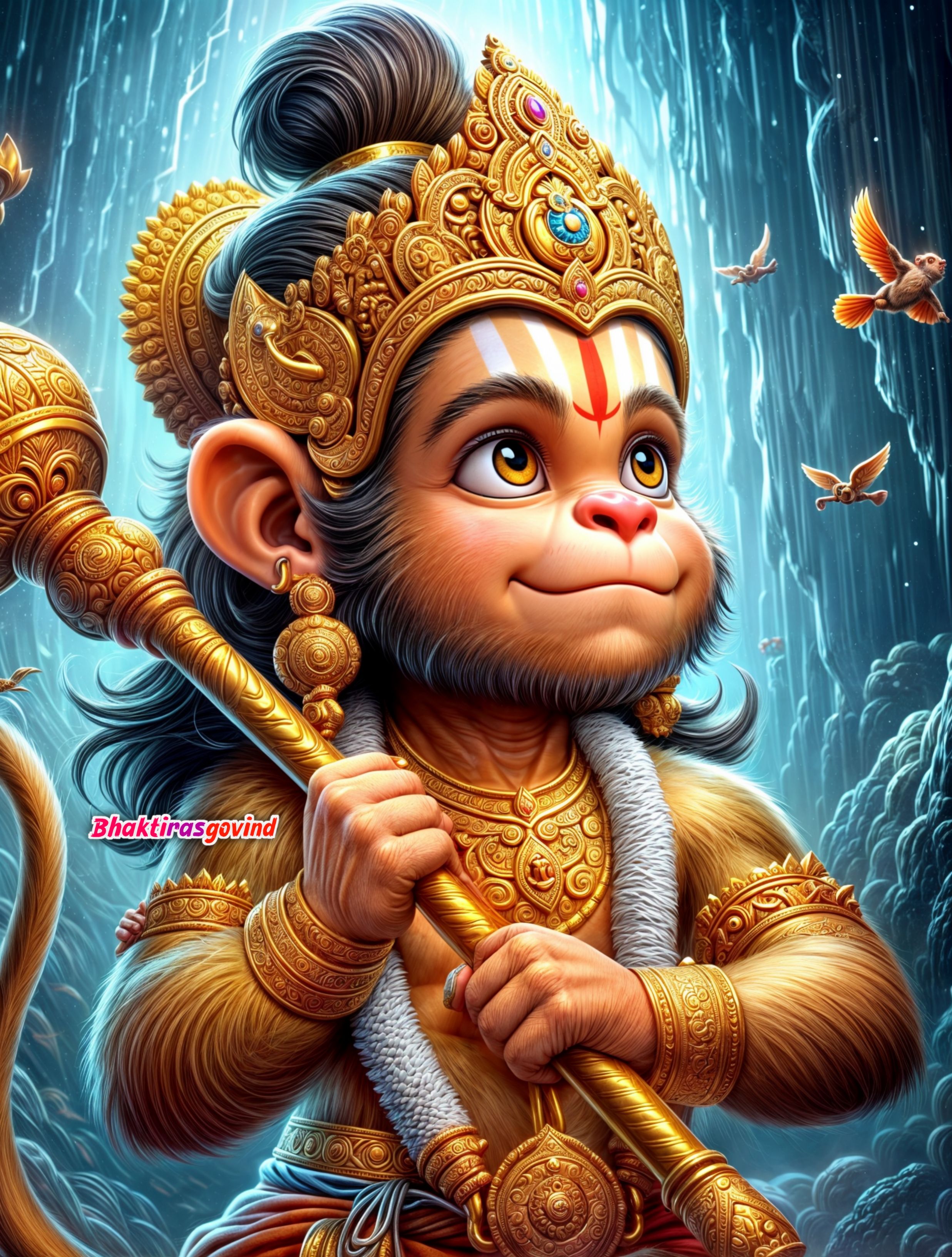 Hanuman with mace in golden adornments