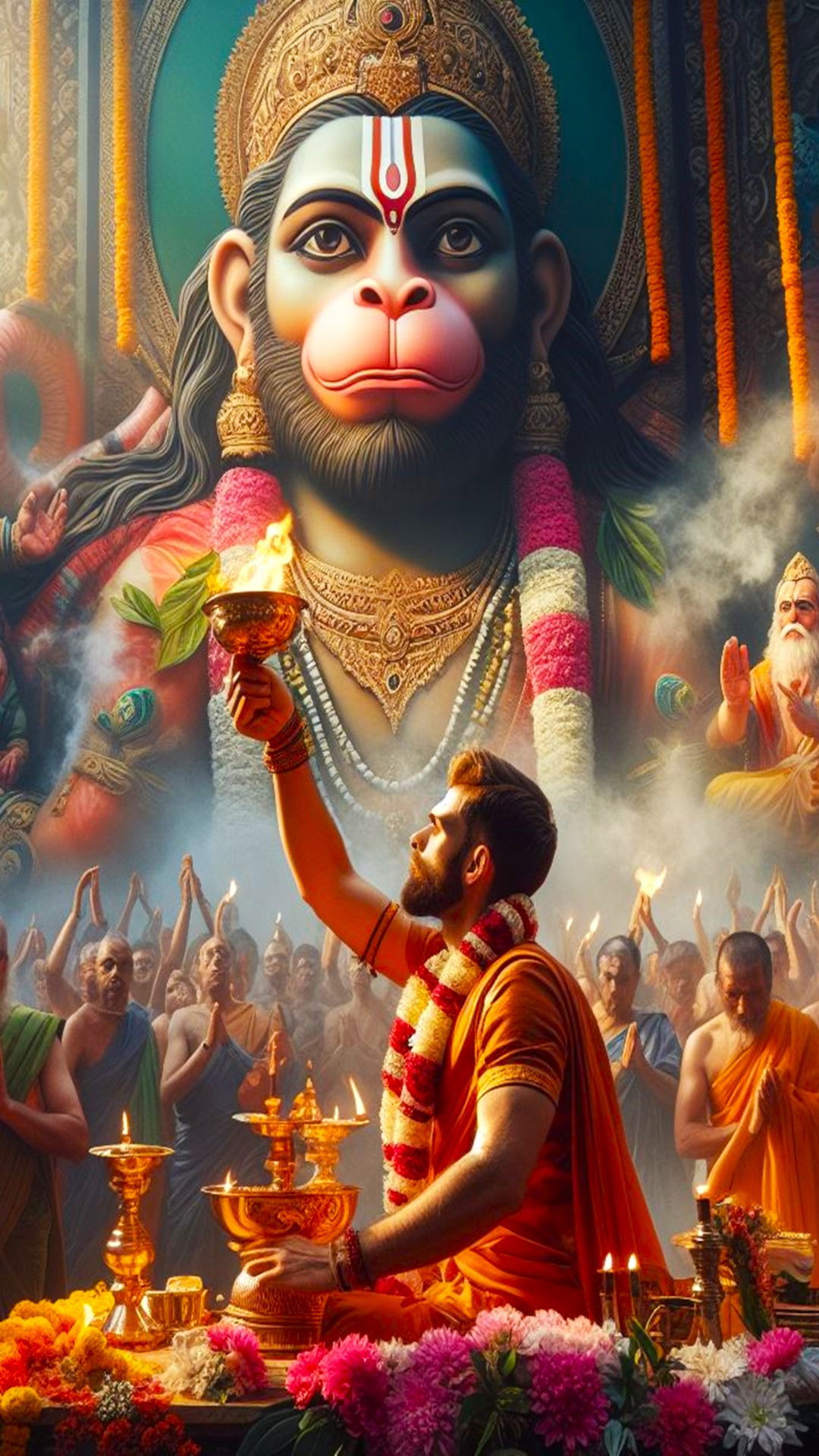 Hanumanji illuminated by a devotional lamp