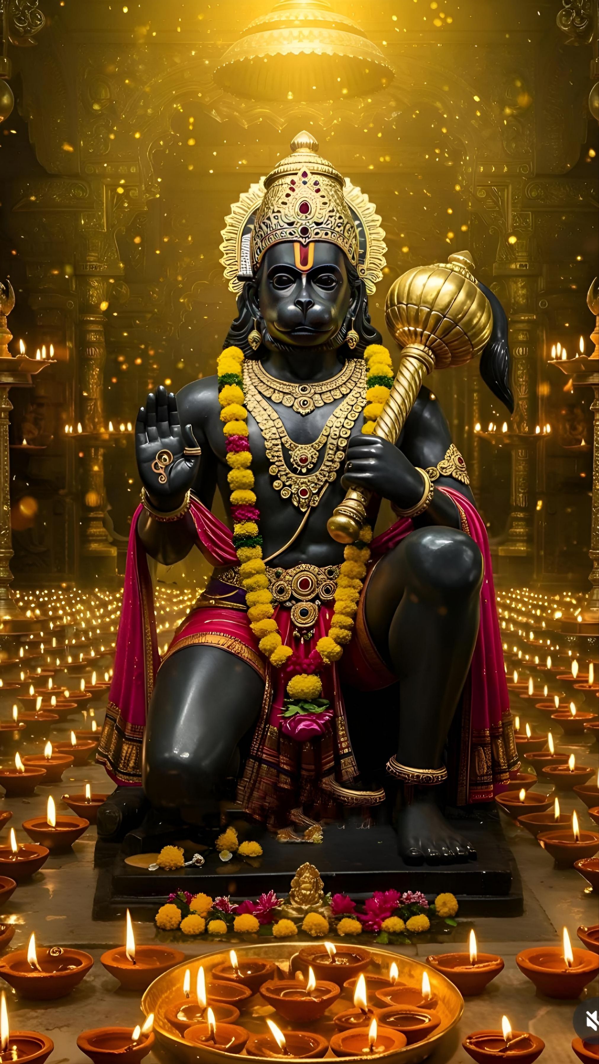 Hanuman with mace amidst oil lamps