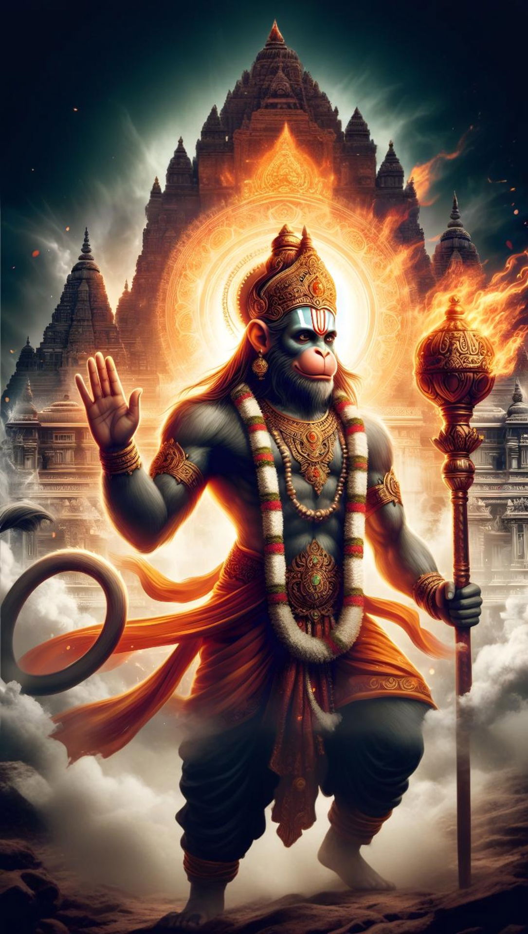 Powerful Hanuman standing with mace and temple