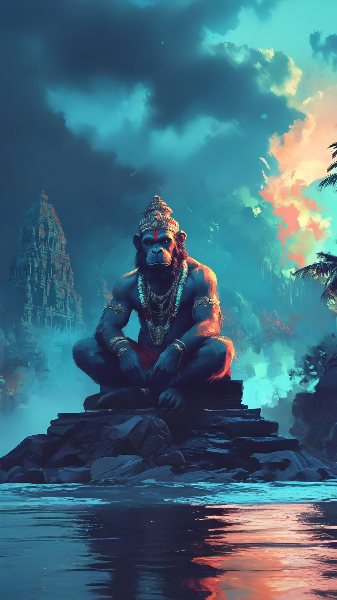 Hanuman overlooking a majestic landscape.