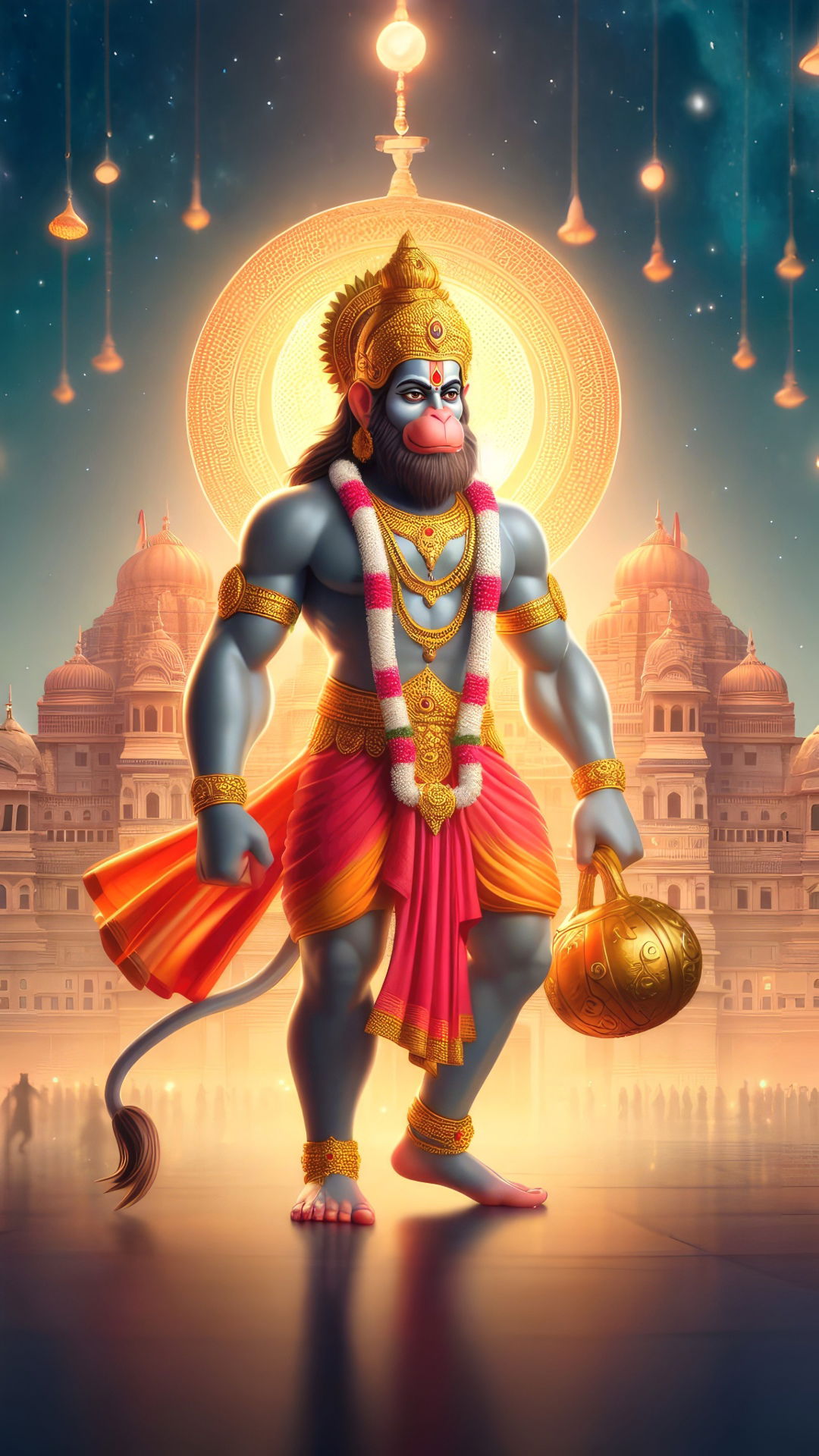 Powerful Hanuman stands with gada.
