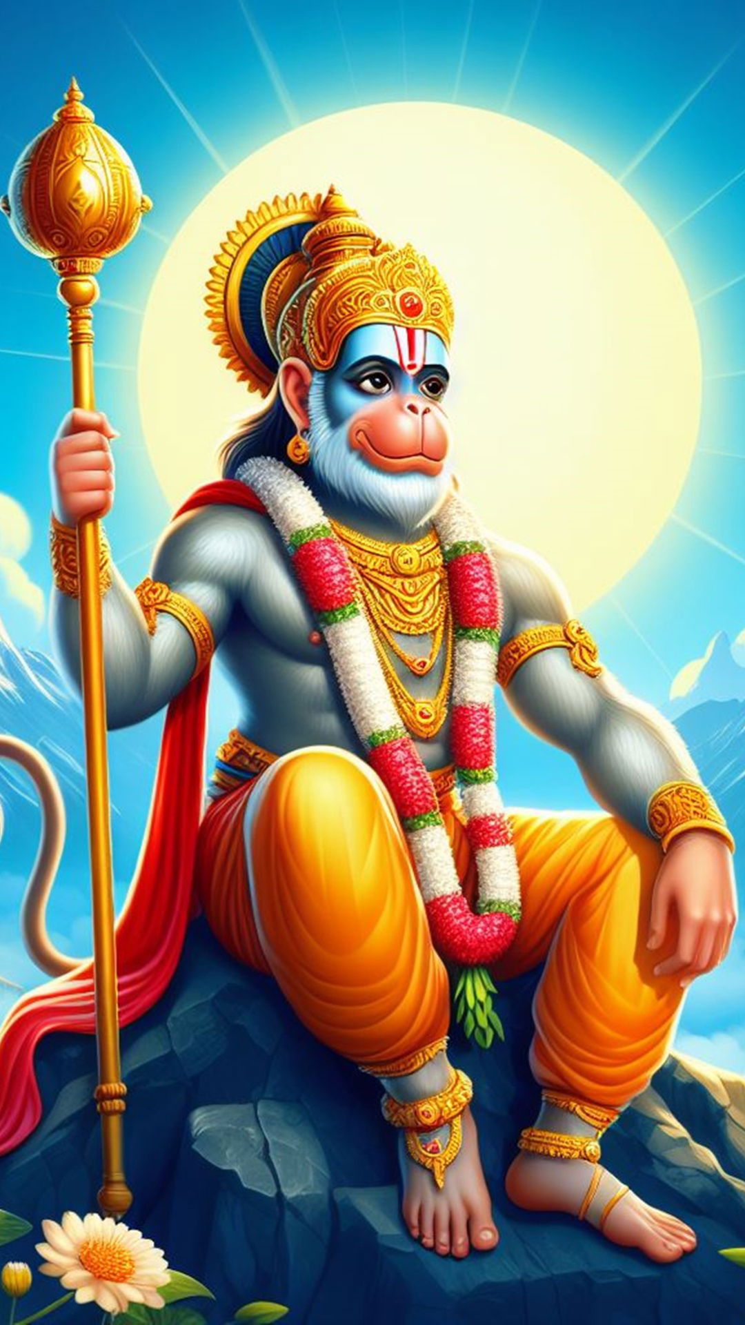 Hanuman seated with golden mace.