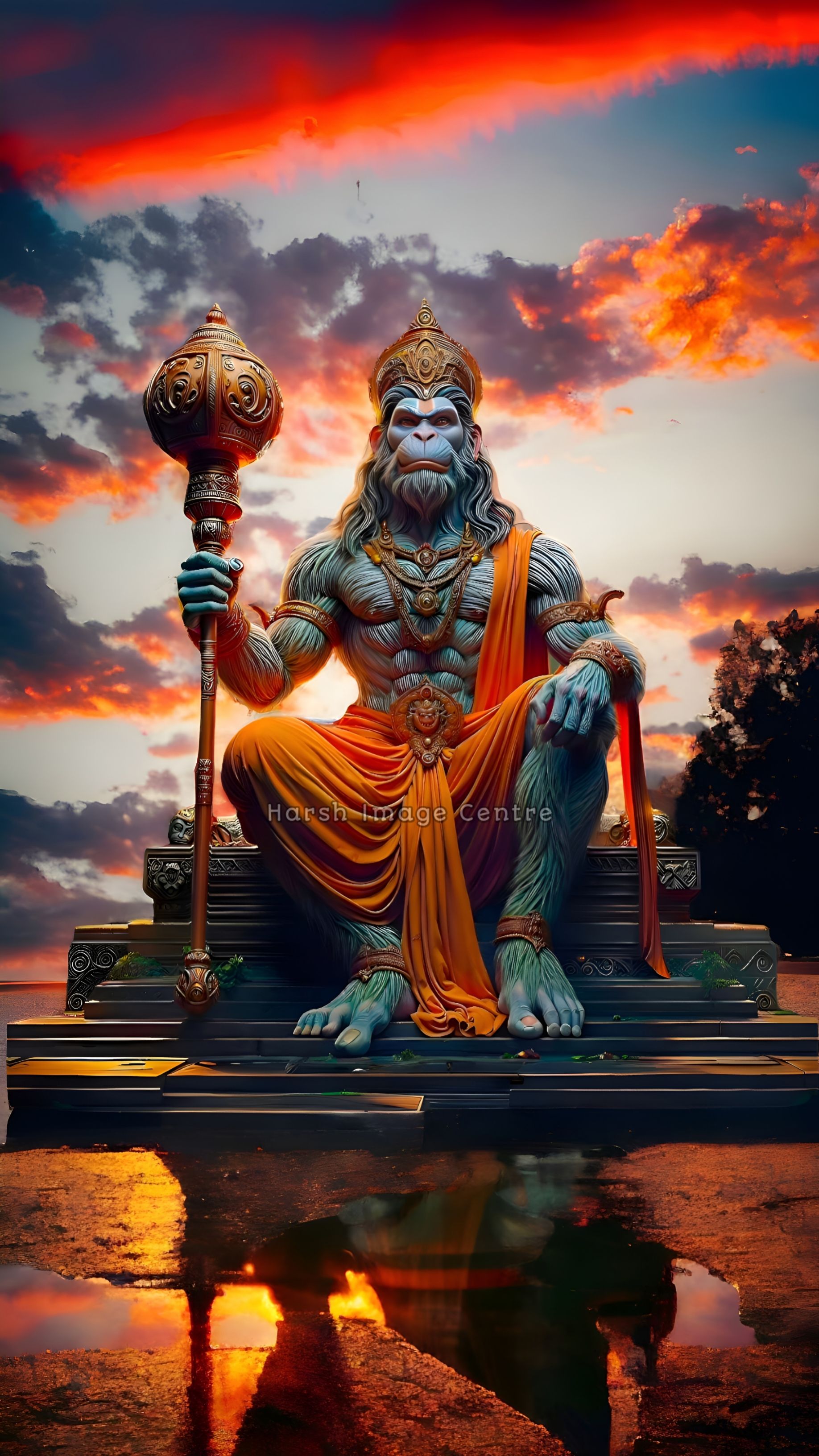 Hanuman seated with his mace at sunset.