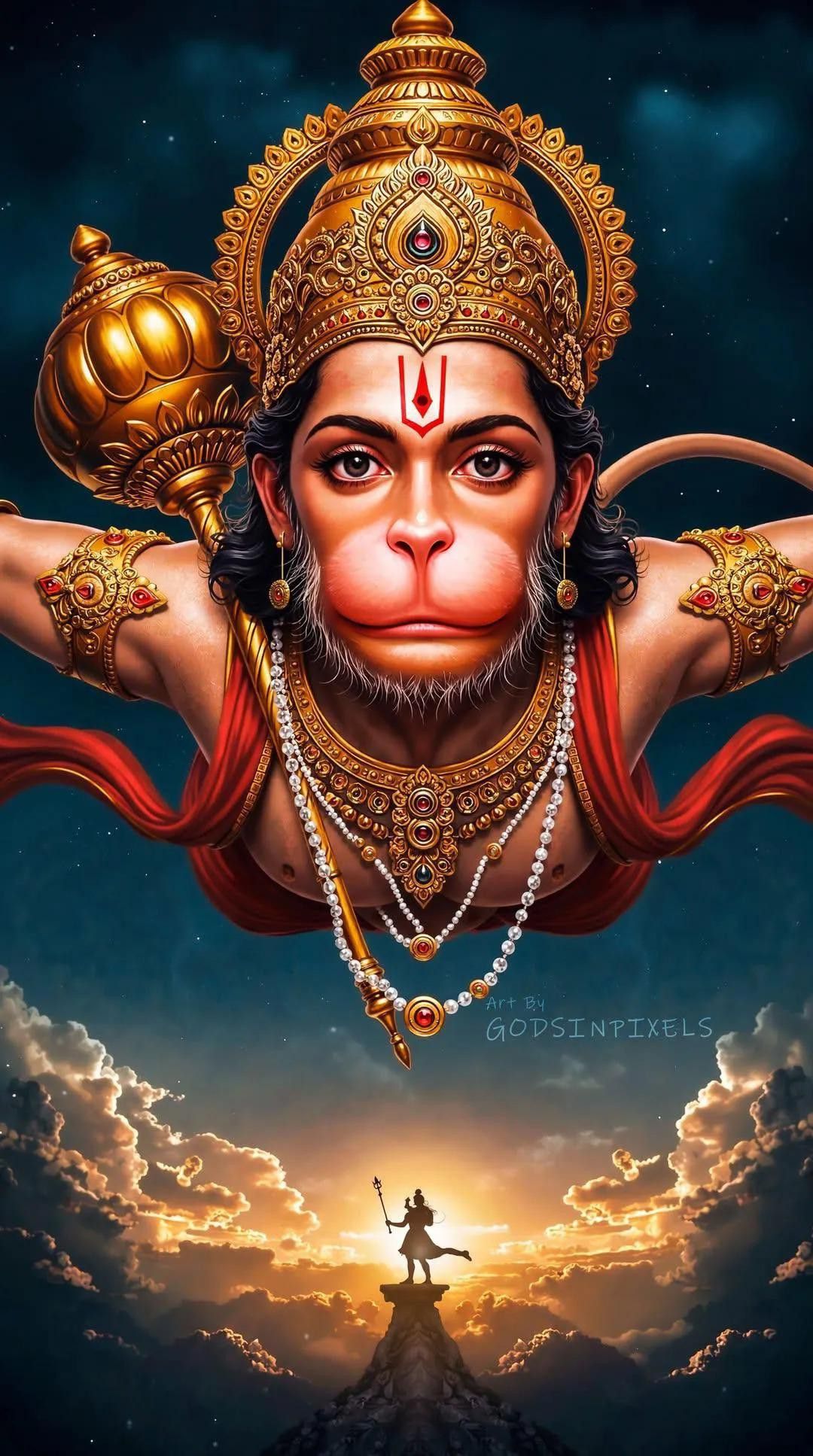 Powerful Hanuman portrait with gada.
