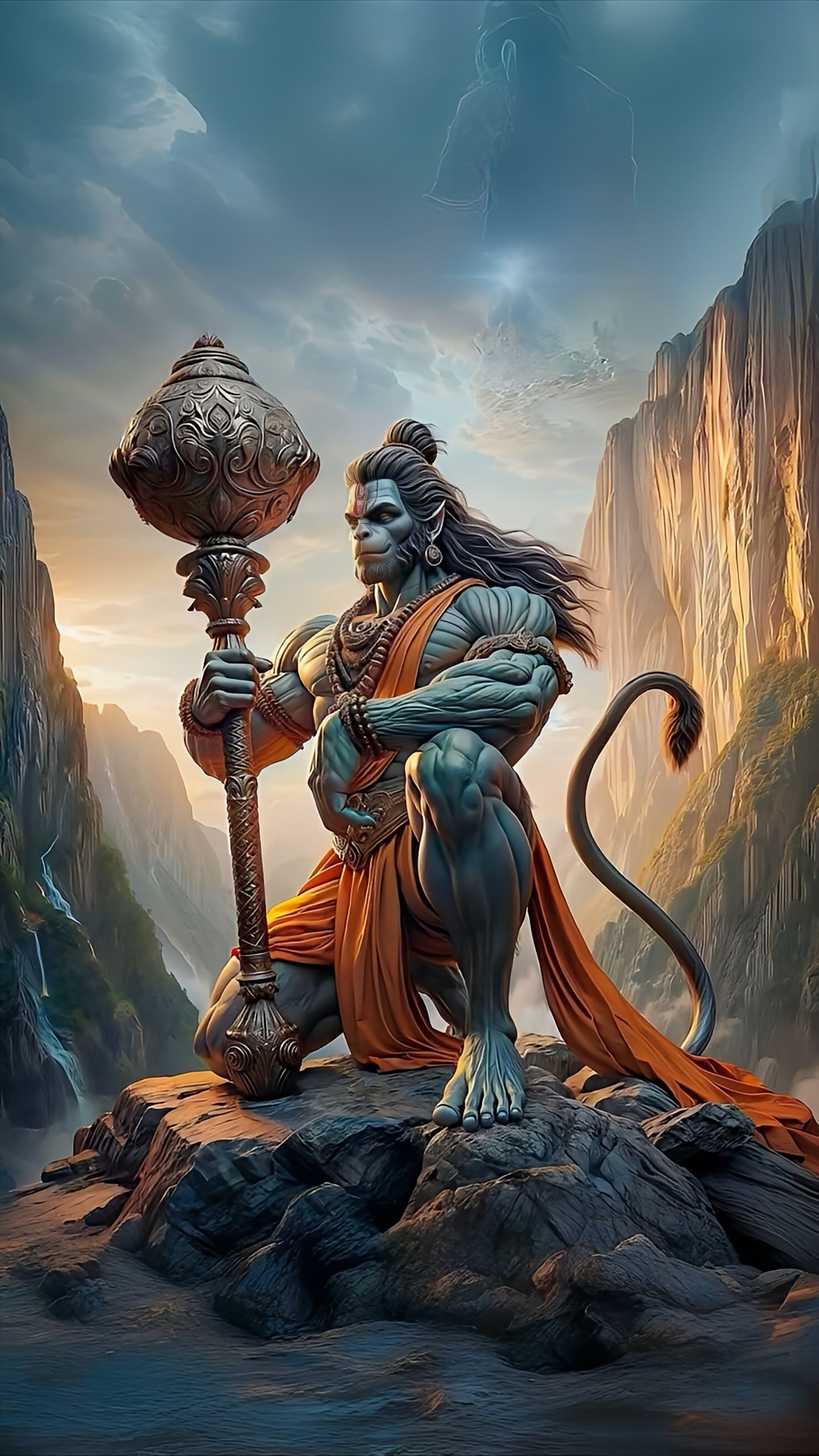 Hanuman wielding his mace on a mountain