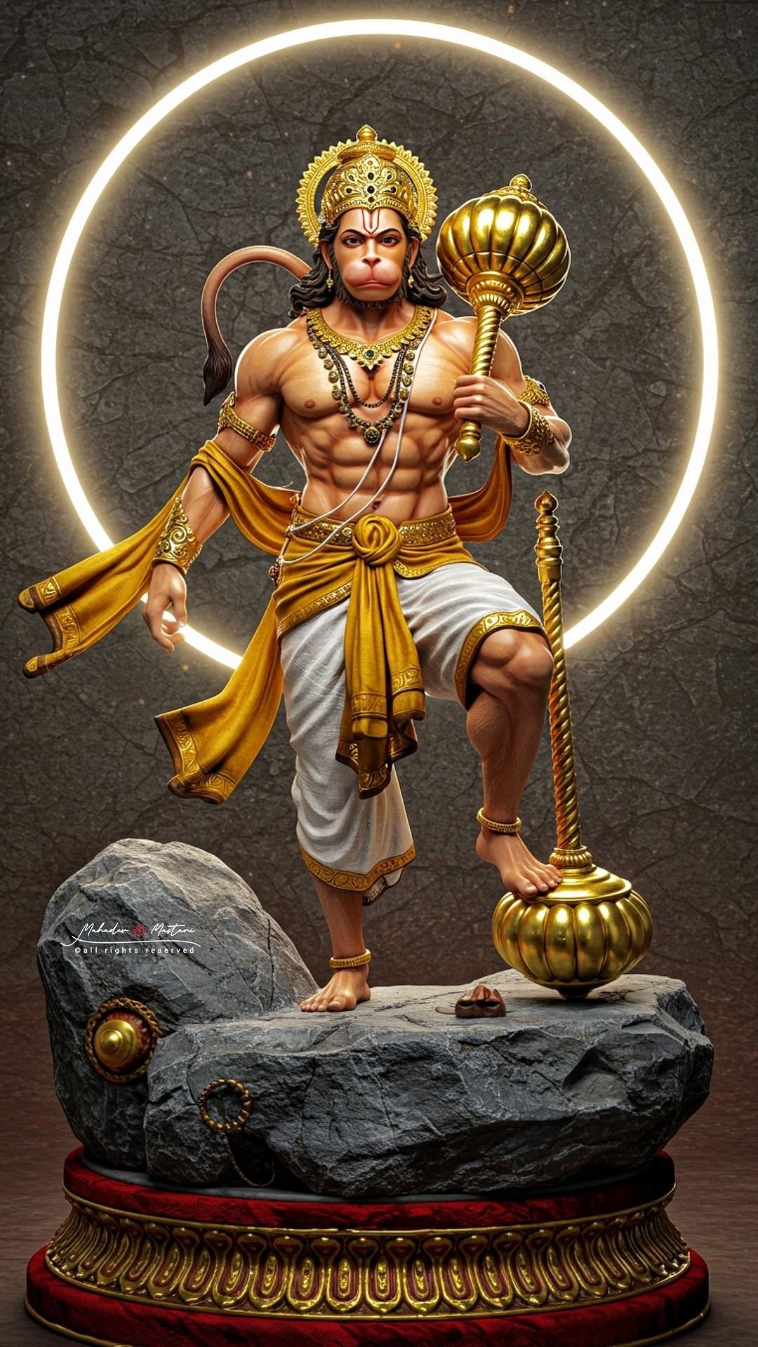 Powerful Hanuman with golden mace statue