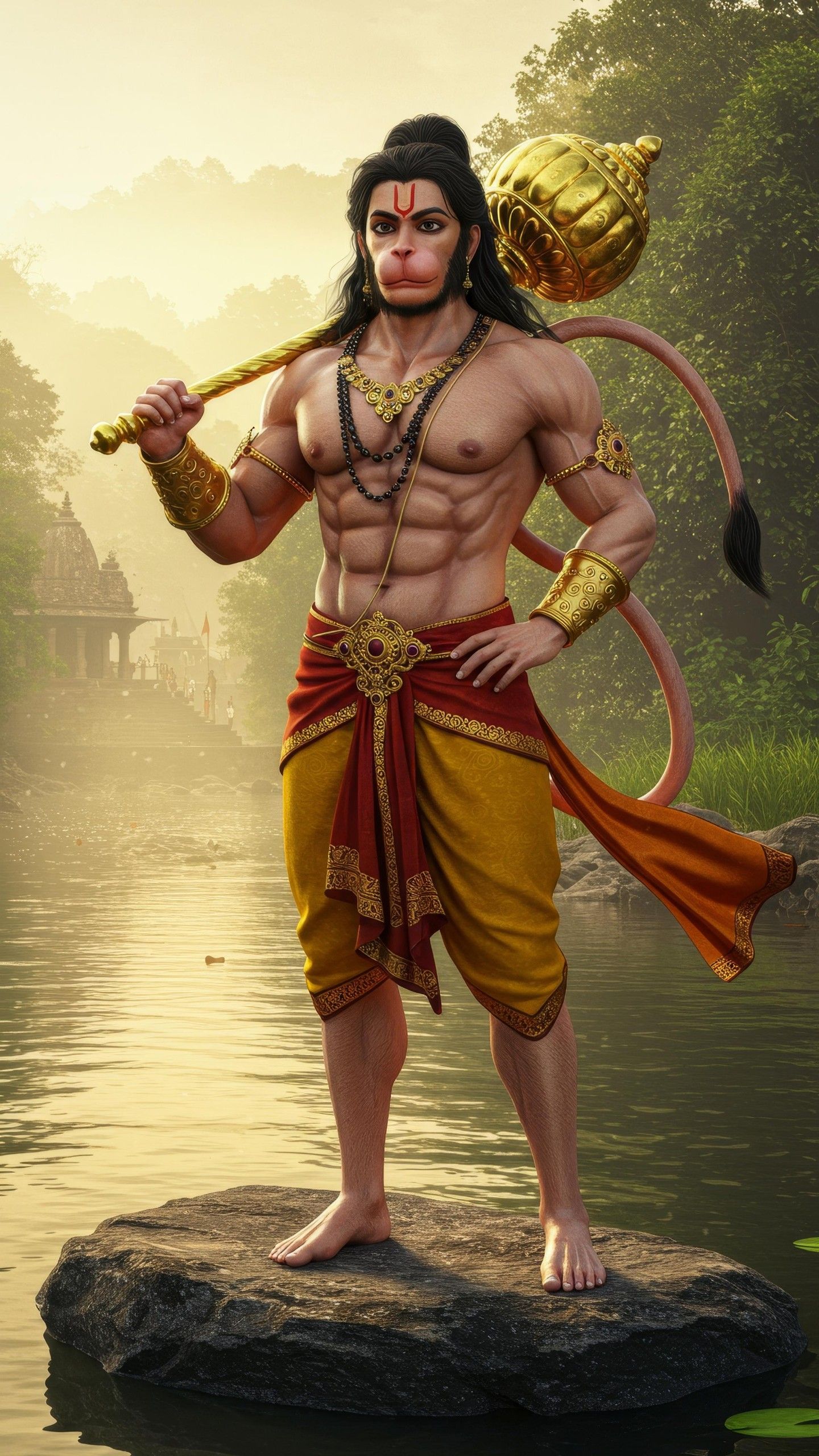 Hanuman with gada standing in forest