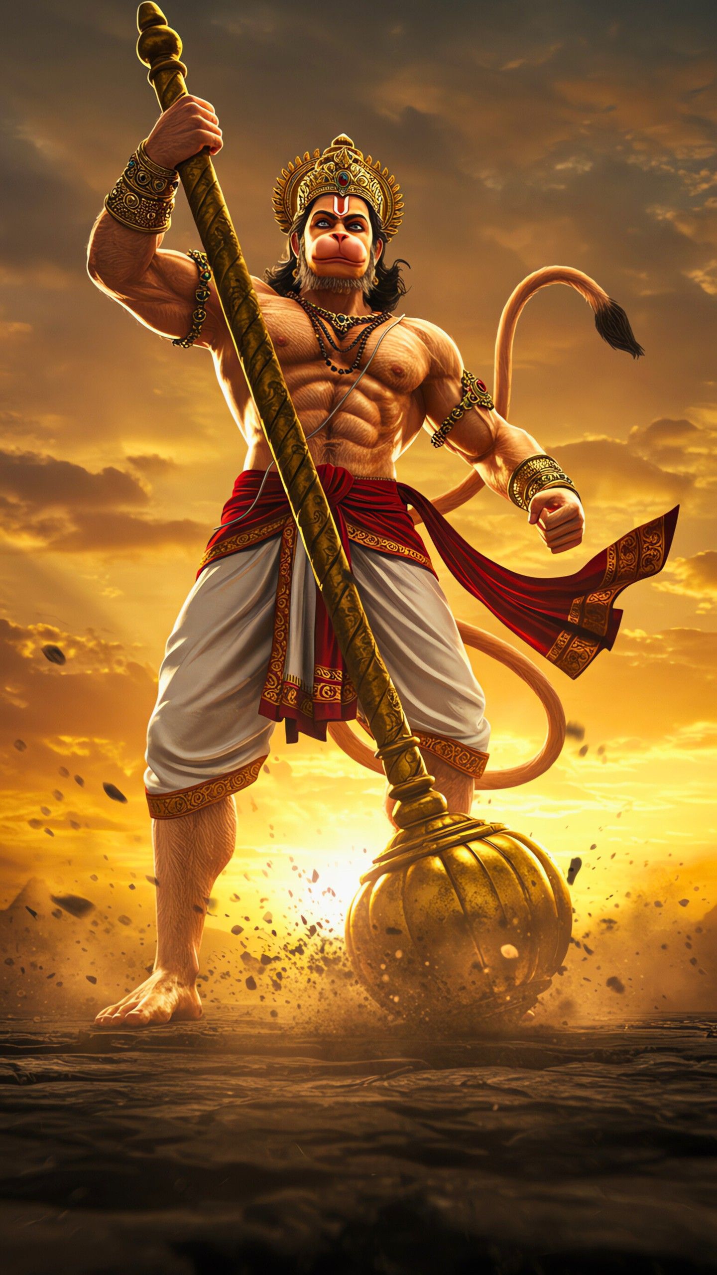 Powerful Hanuman stands with gada.
