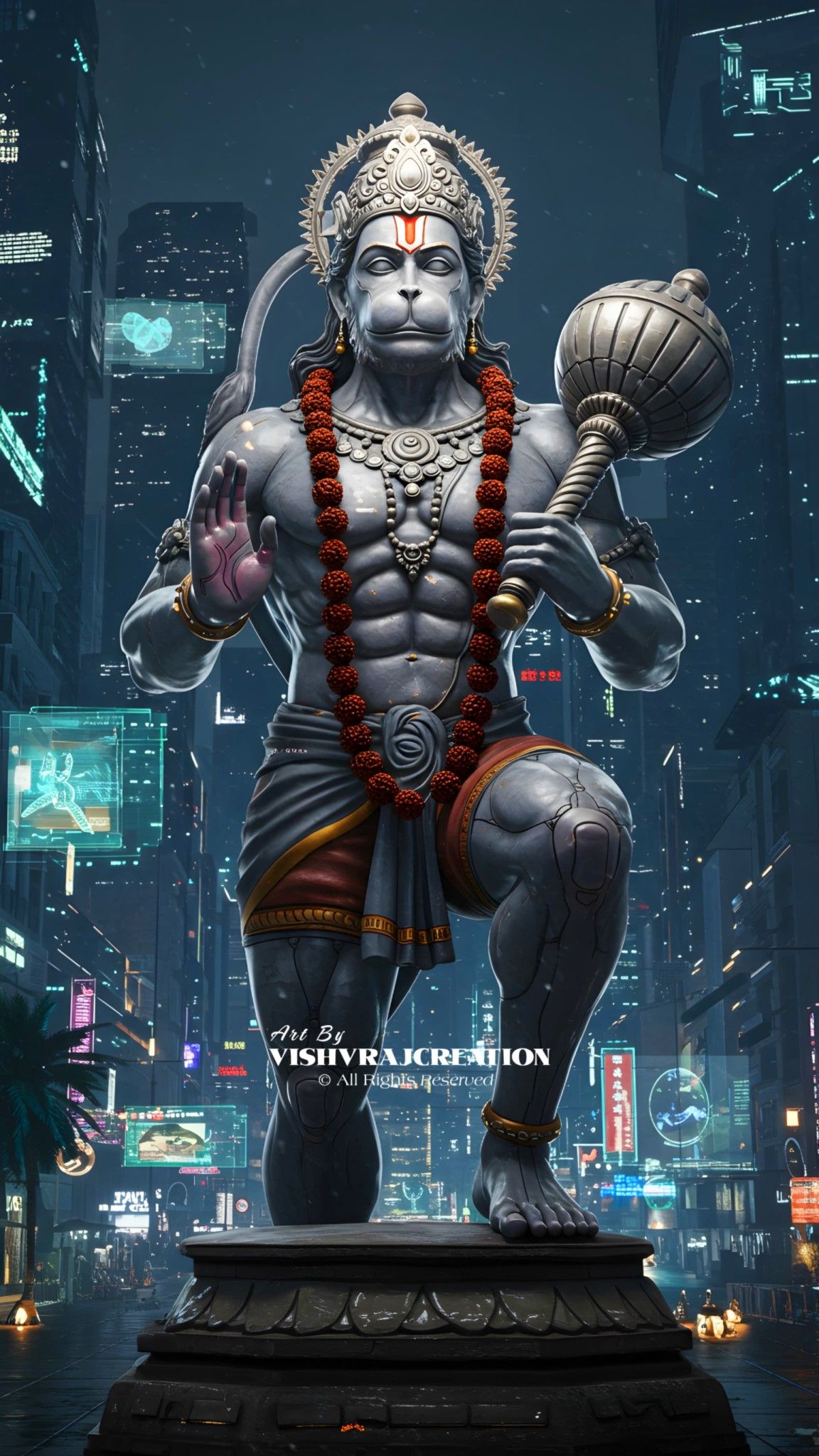 Futuristic Hanuman in a cyberpunk city.