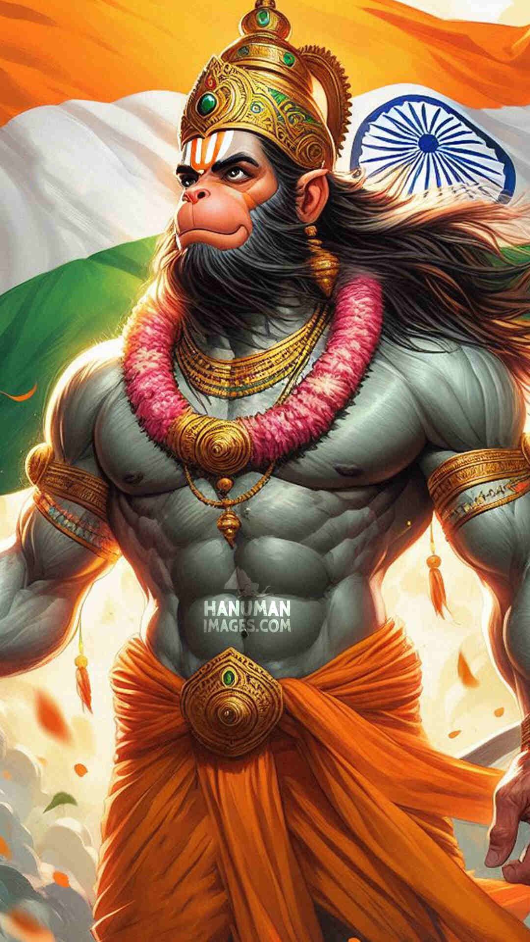 Hanuman with Indian flag, powerful deity