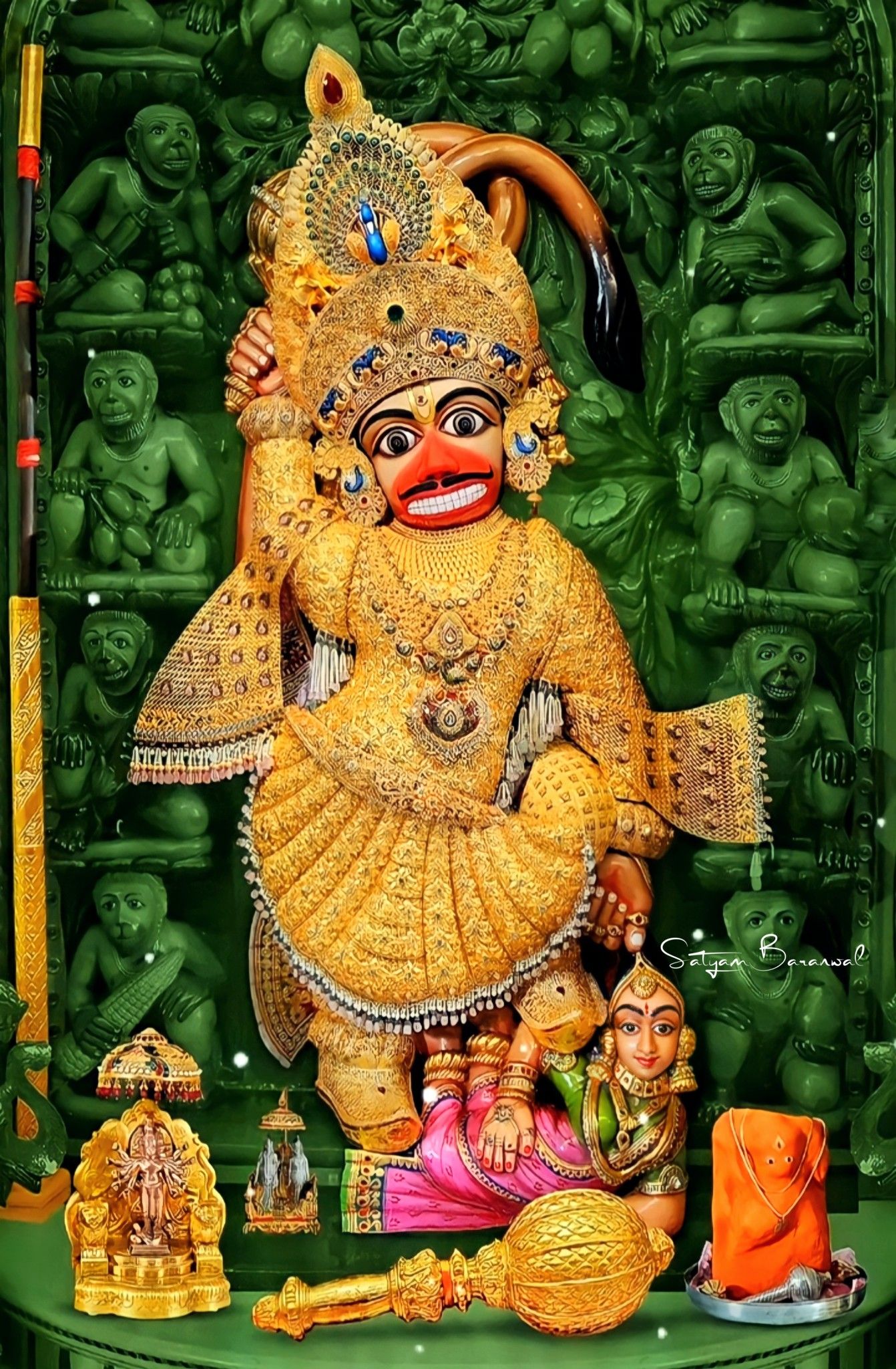 Powerful Hanuman with mace, devotional art