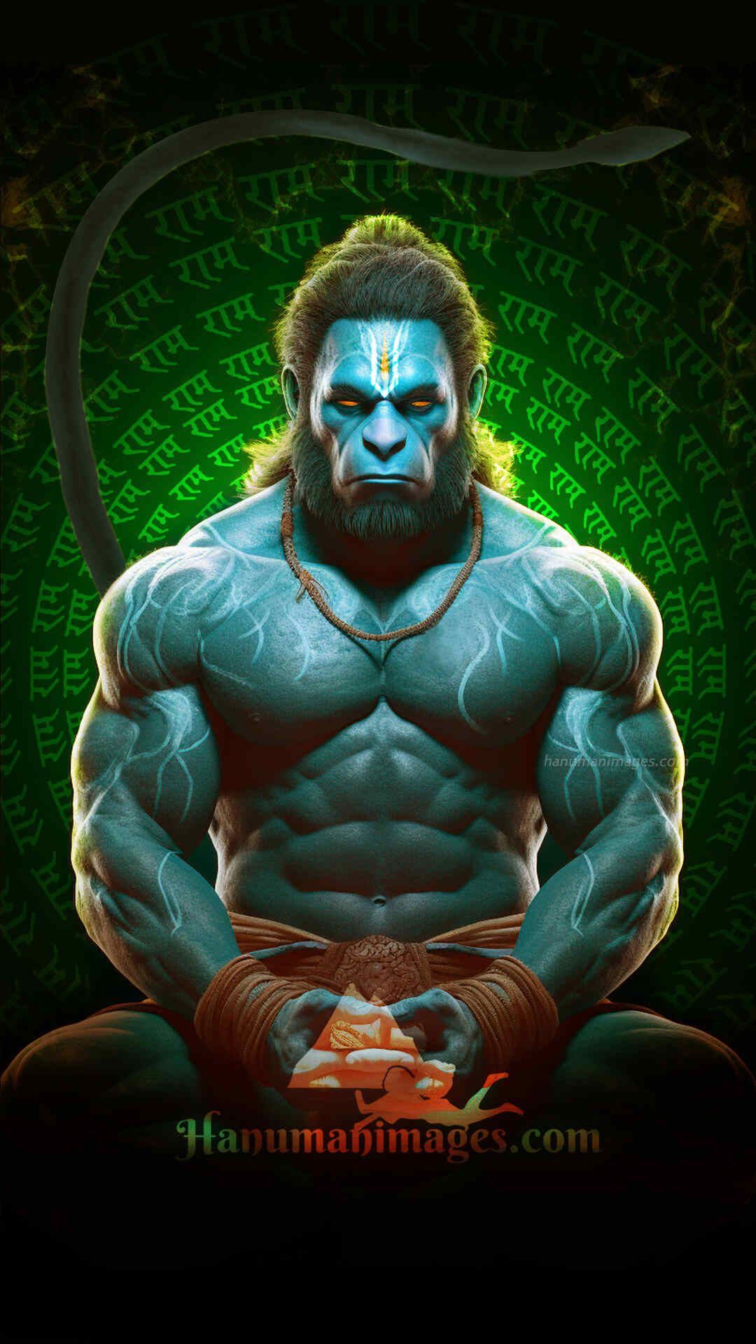 Powerful Hanuman with Ram mantra background.