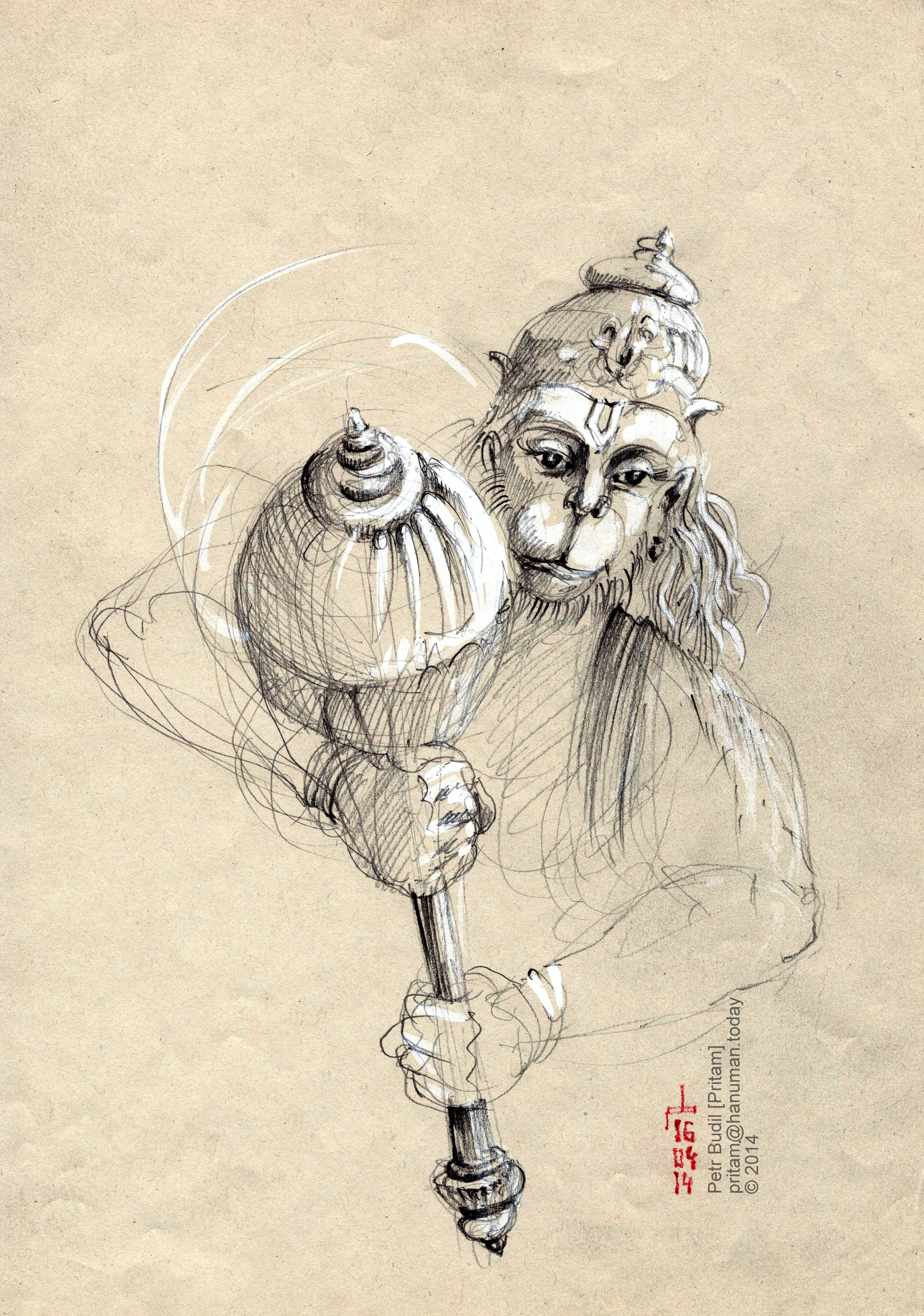 Hanuman with mace, sketch illustration