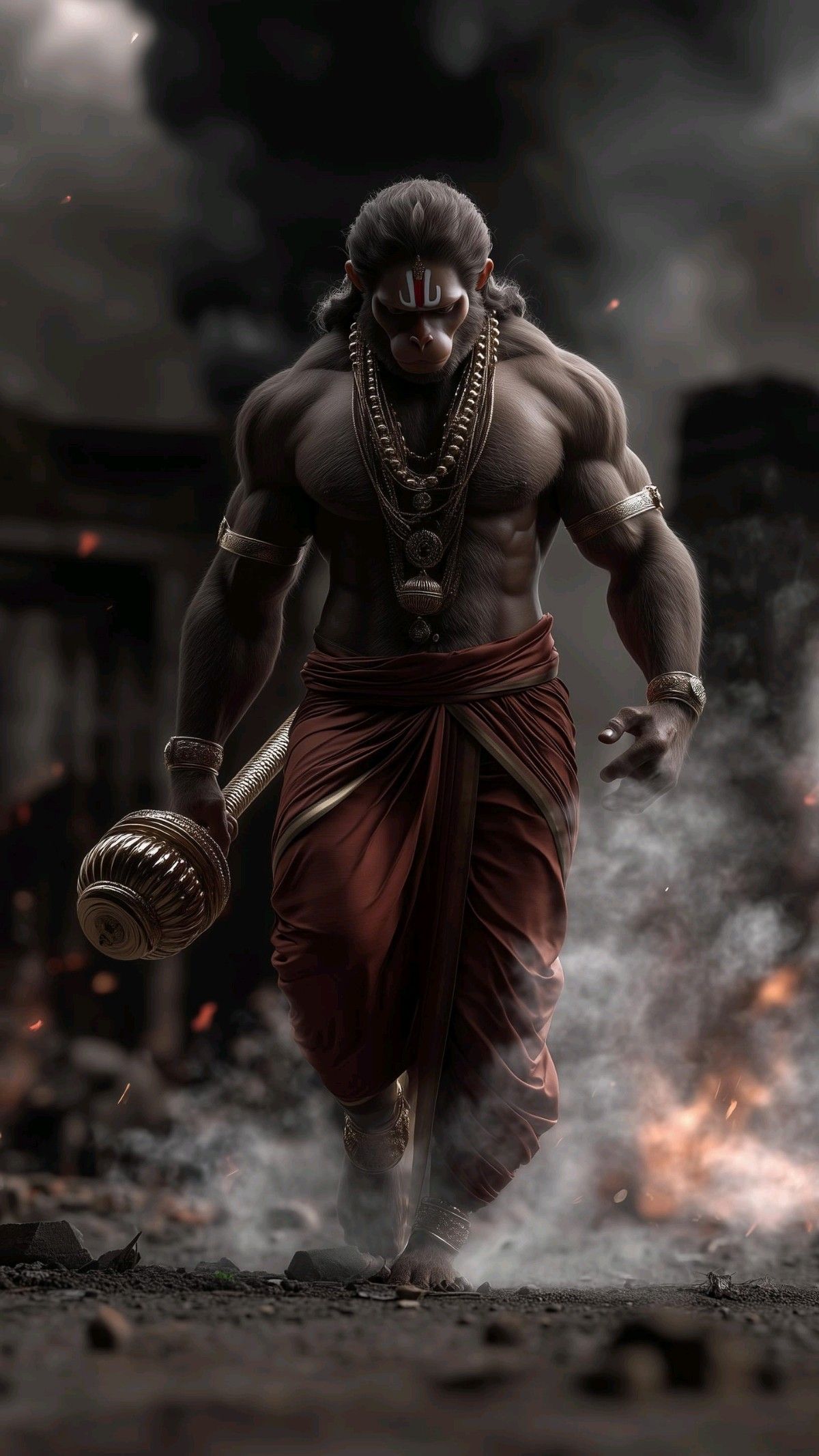 Powerful Hanuman with mace, divine protector.