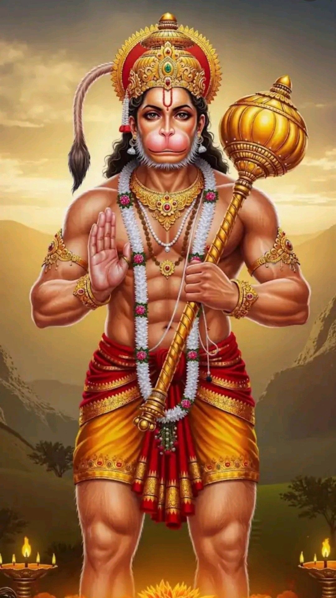 Powerful Hanuman with mace, divine protector.