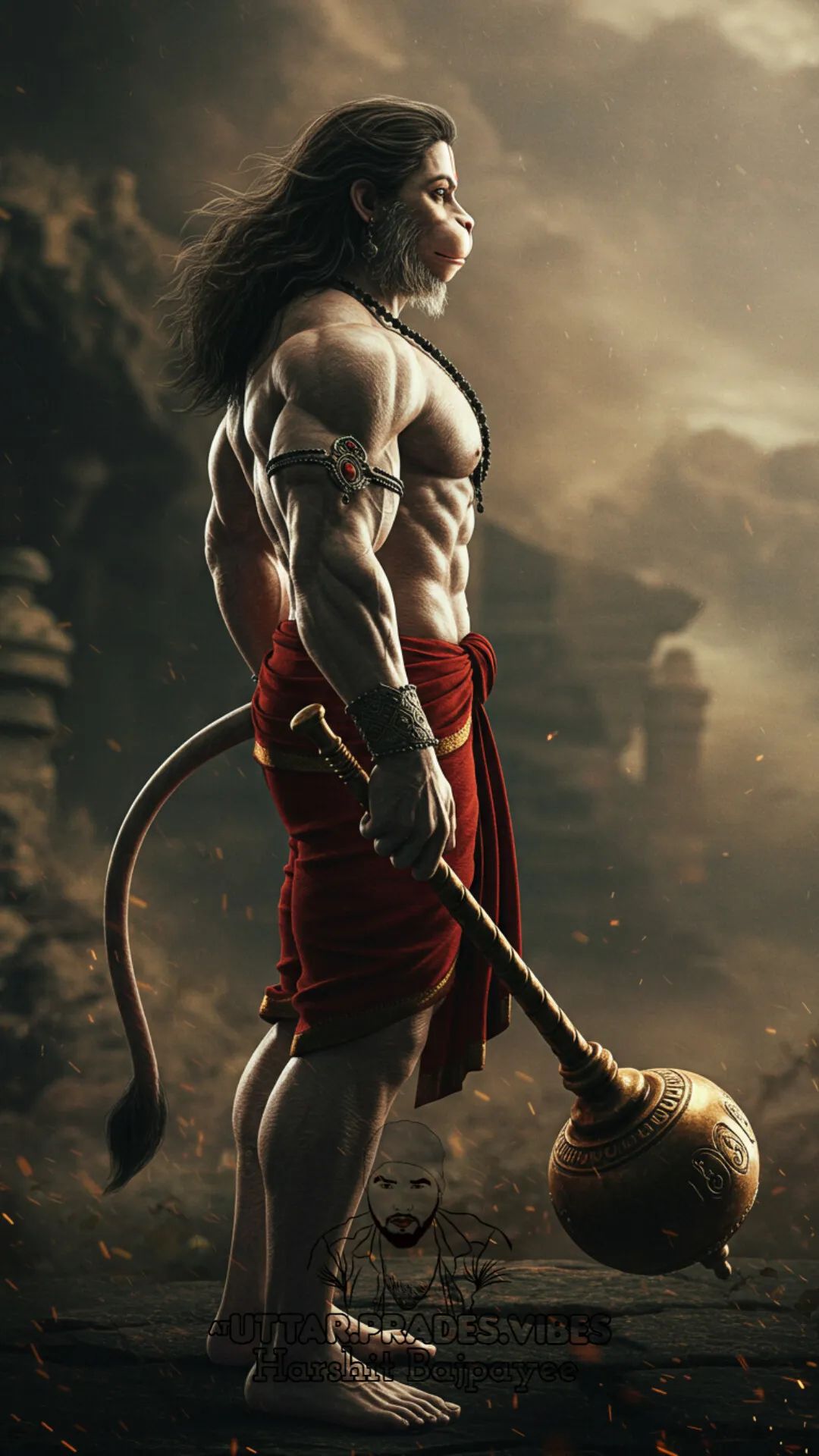 Powerful Hanuman holding mace, divine art
