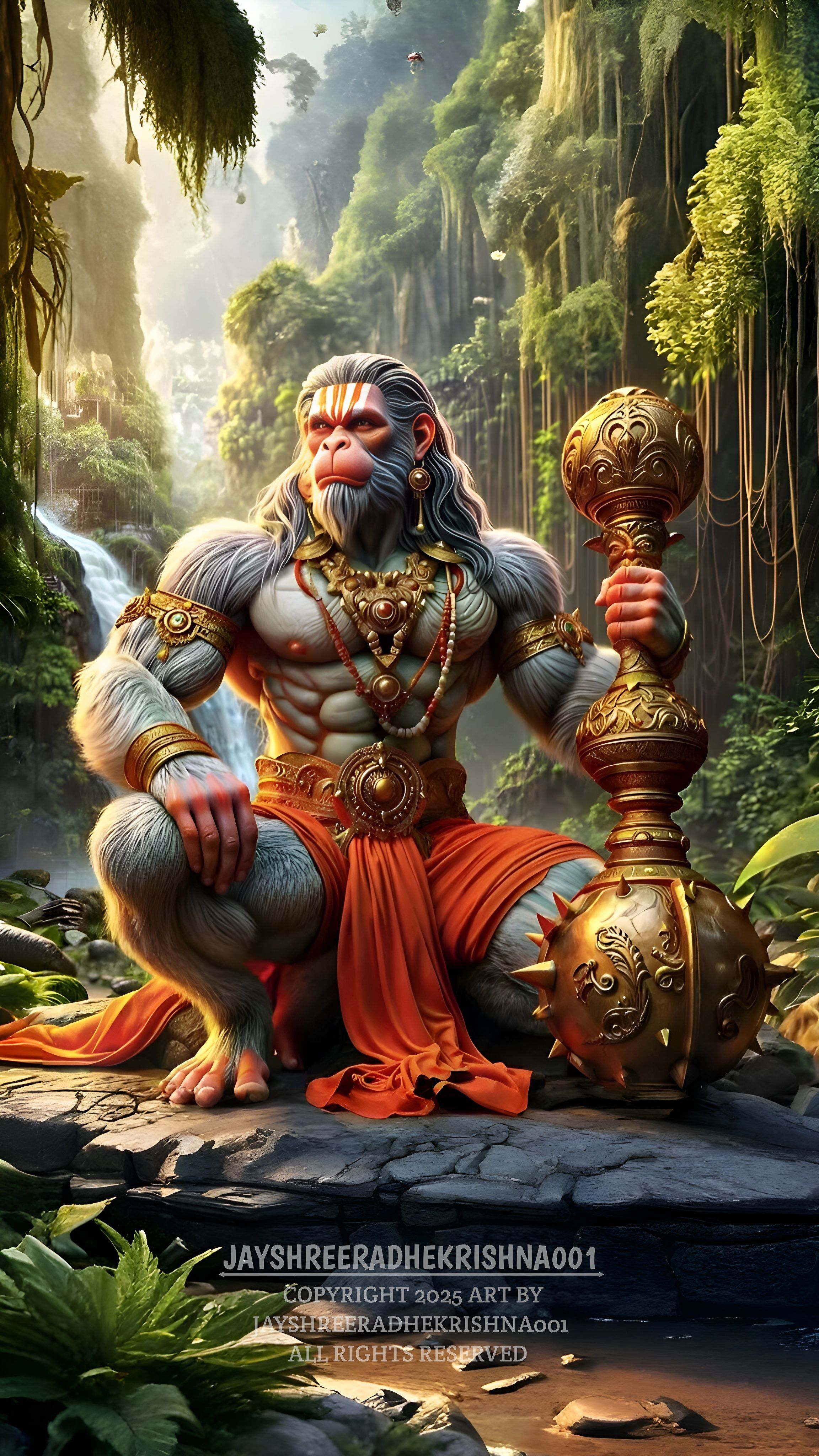 Hanuman with mace in forest setting