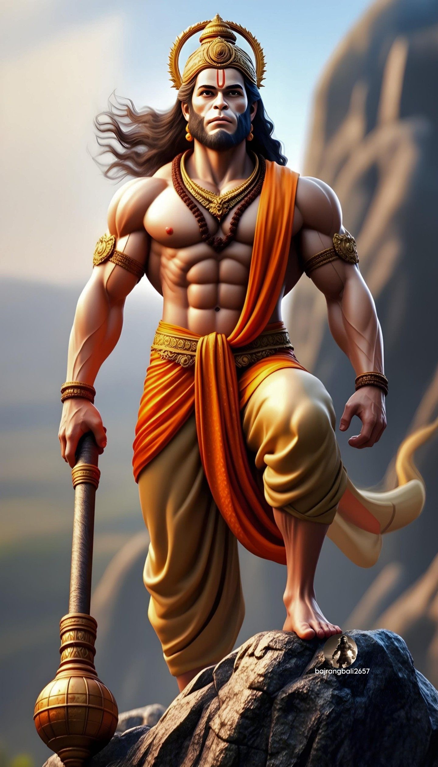 Powerful Hanuman standing with gada