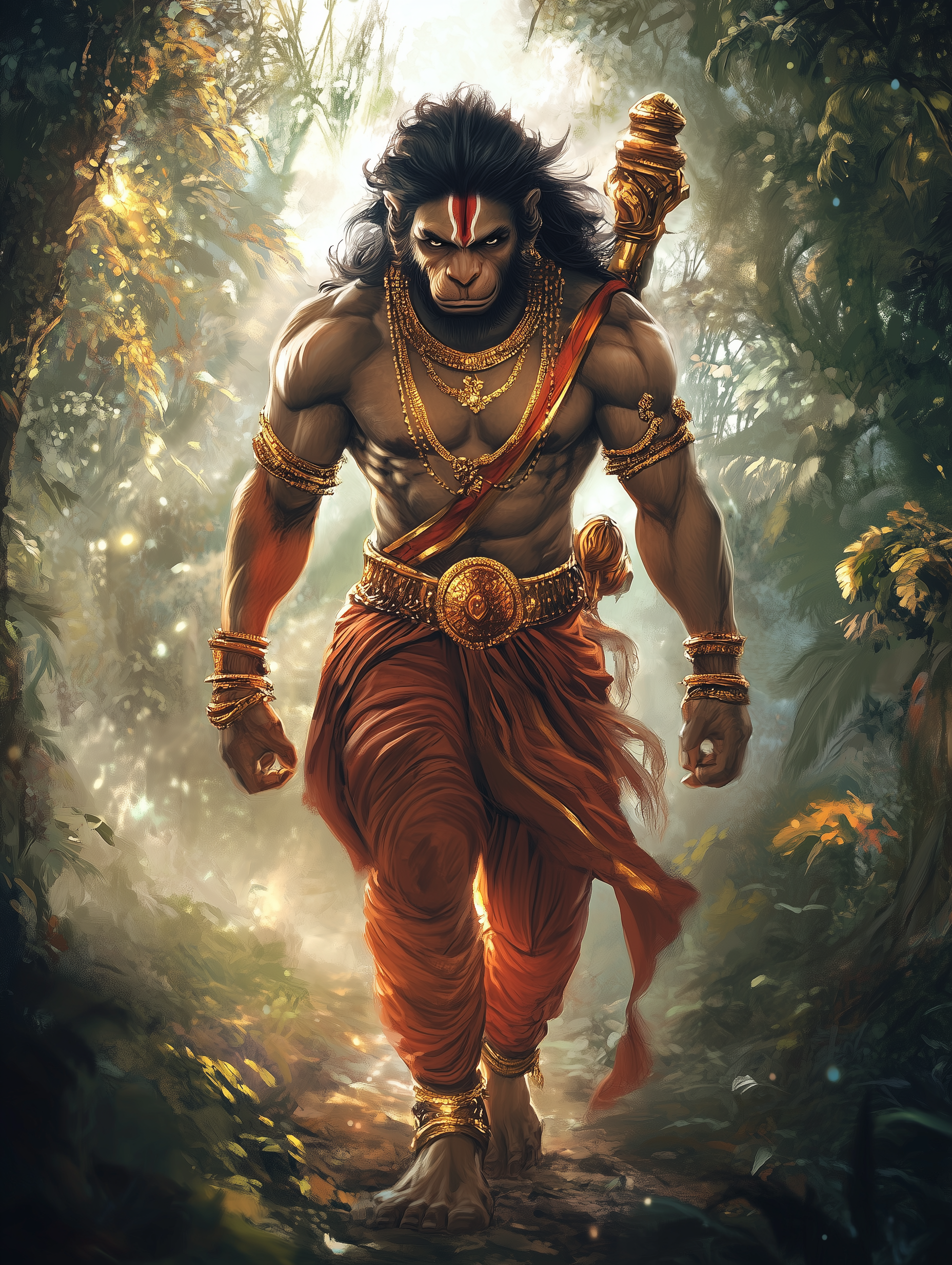 Powerful Hanuman standing in a forest.