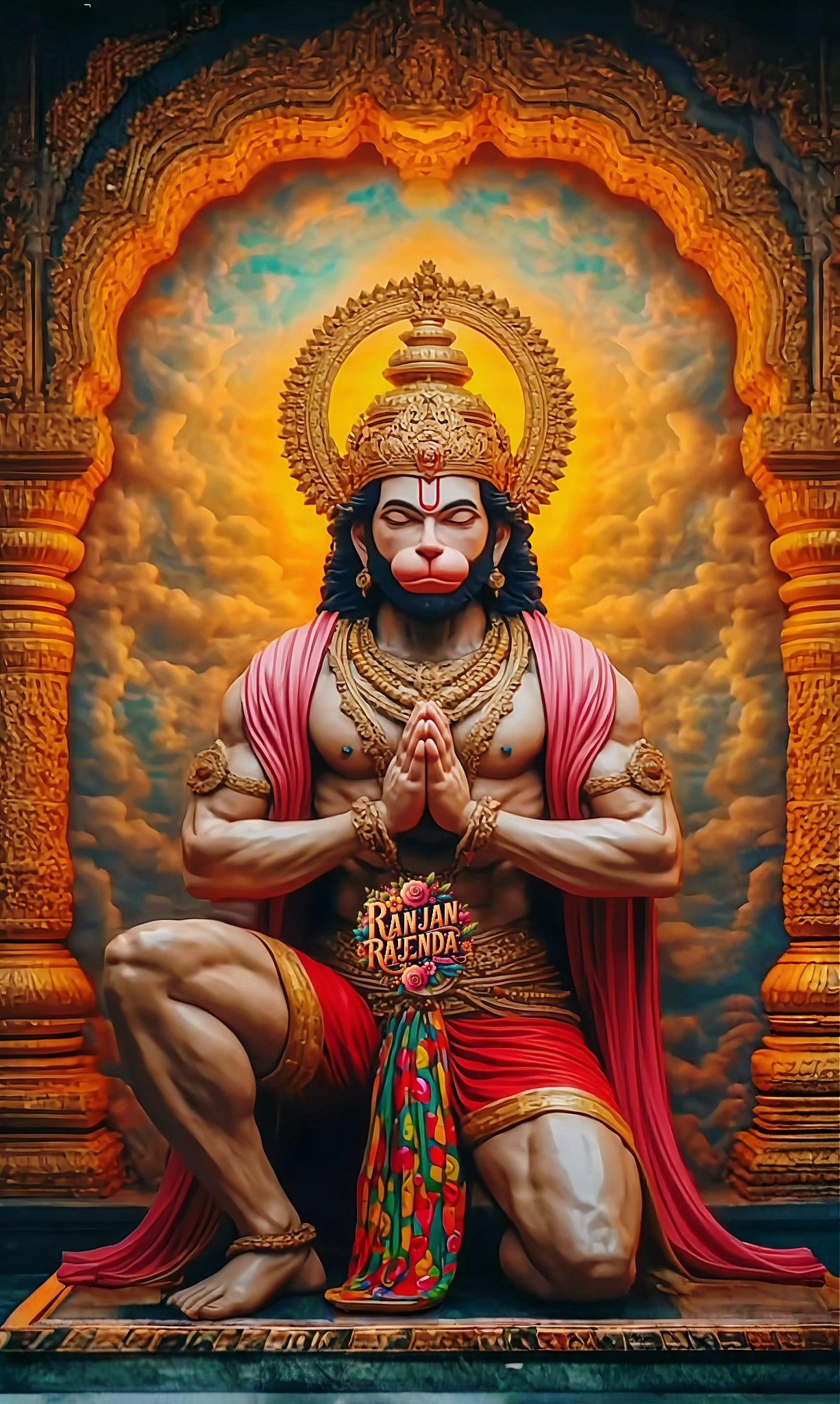 Hanuman in prayerful posture, golden halo.