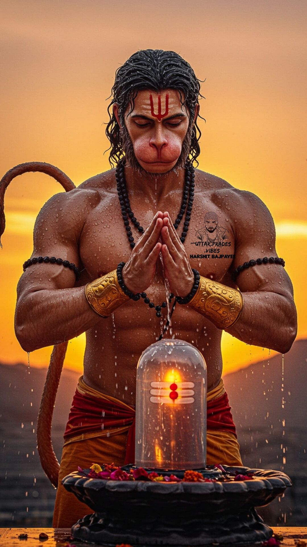 Hanuman in prayer before Shiva Lingam