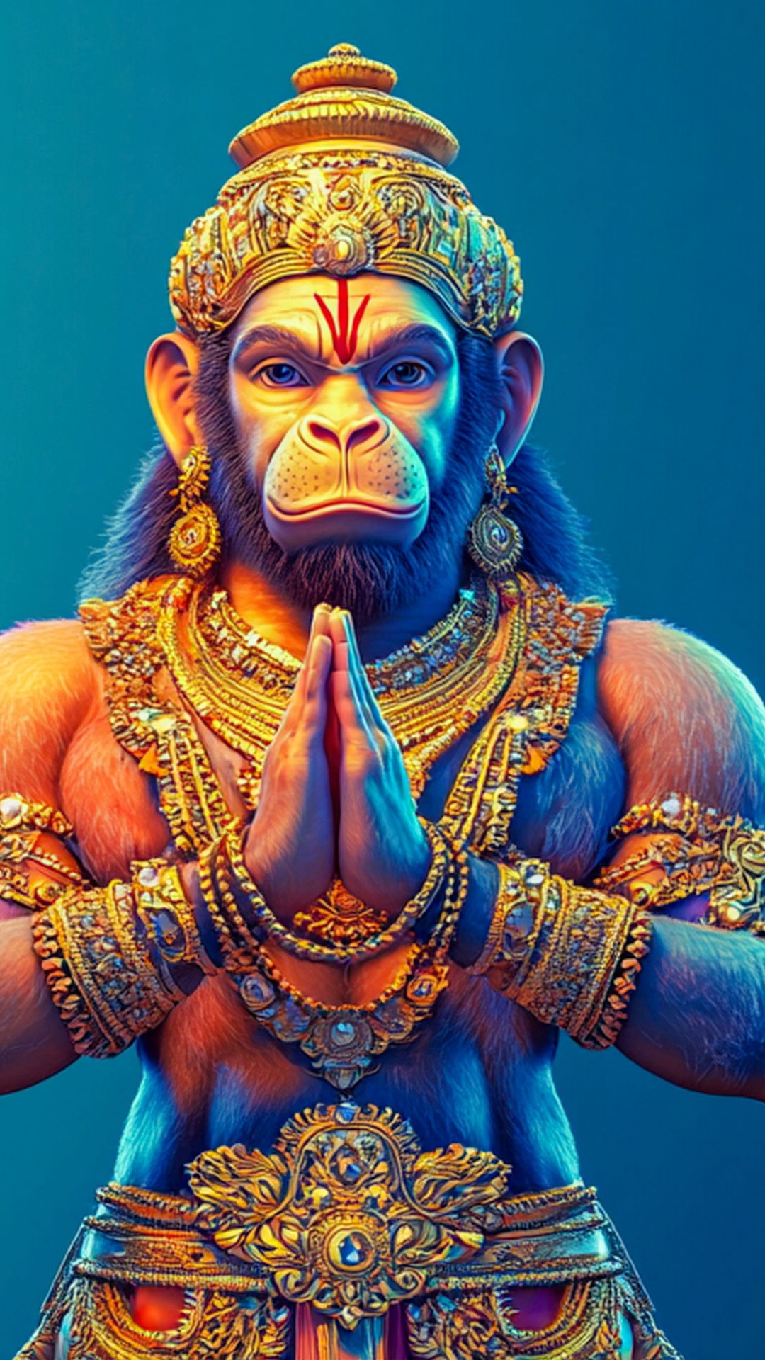 Hanumanji in prayerful pose, gold jewelry