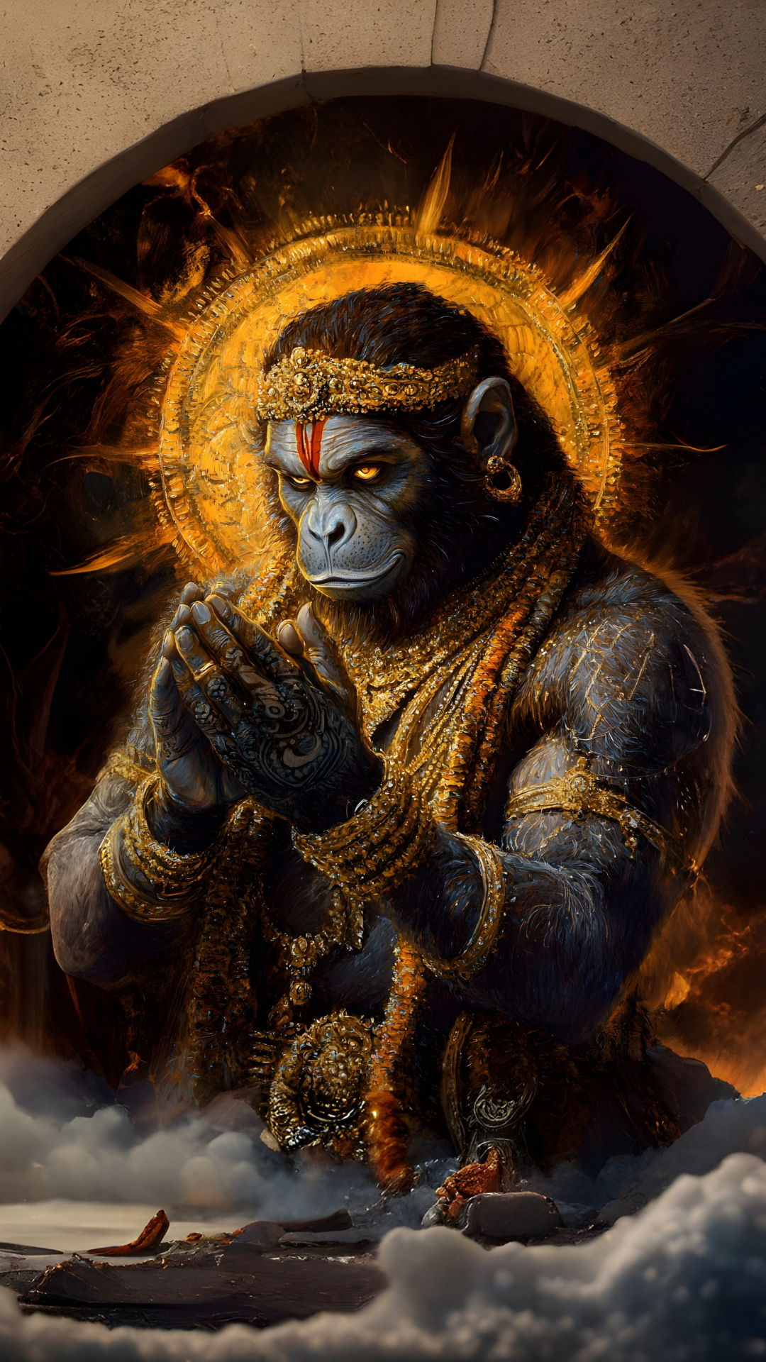 Hanuman in prayer, golden aura, divine.