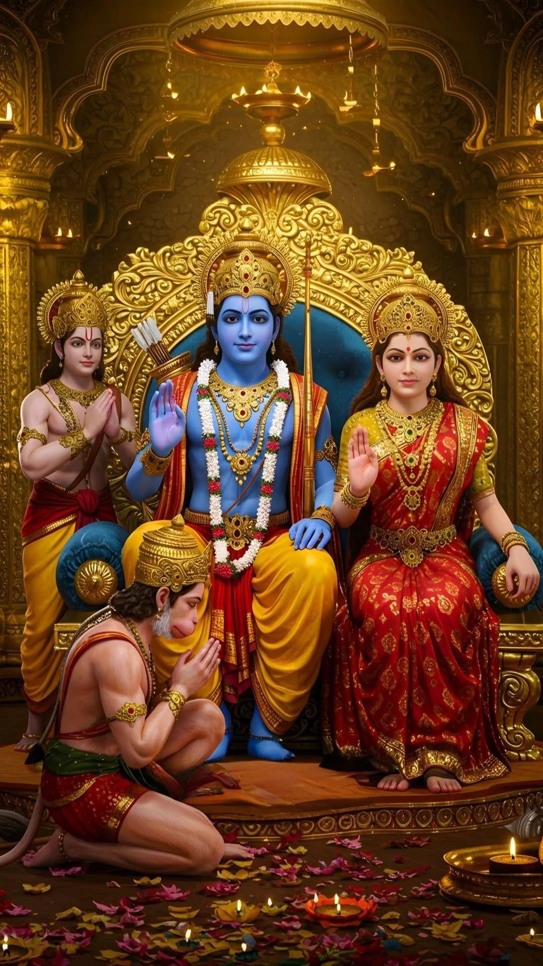Hanuman kneels before Lord Rama’s family.