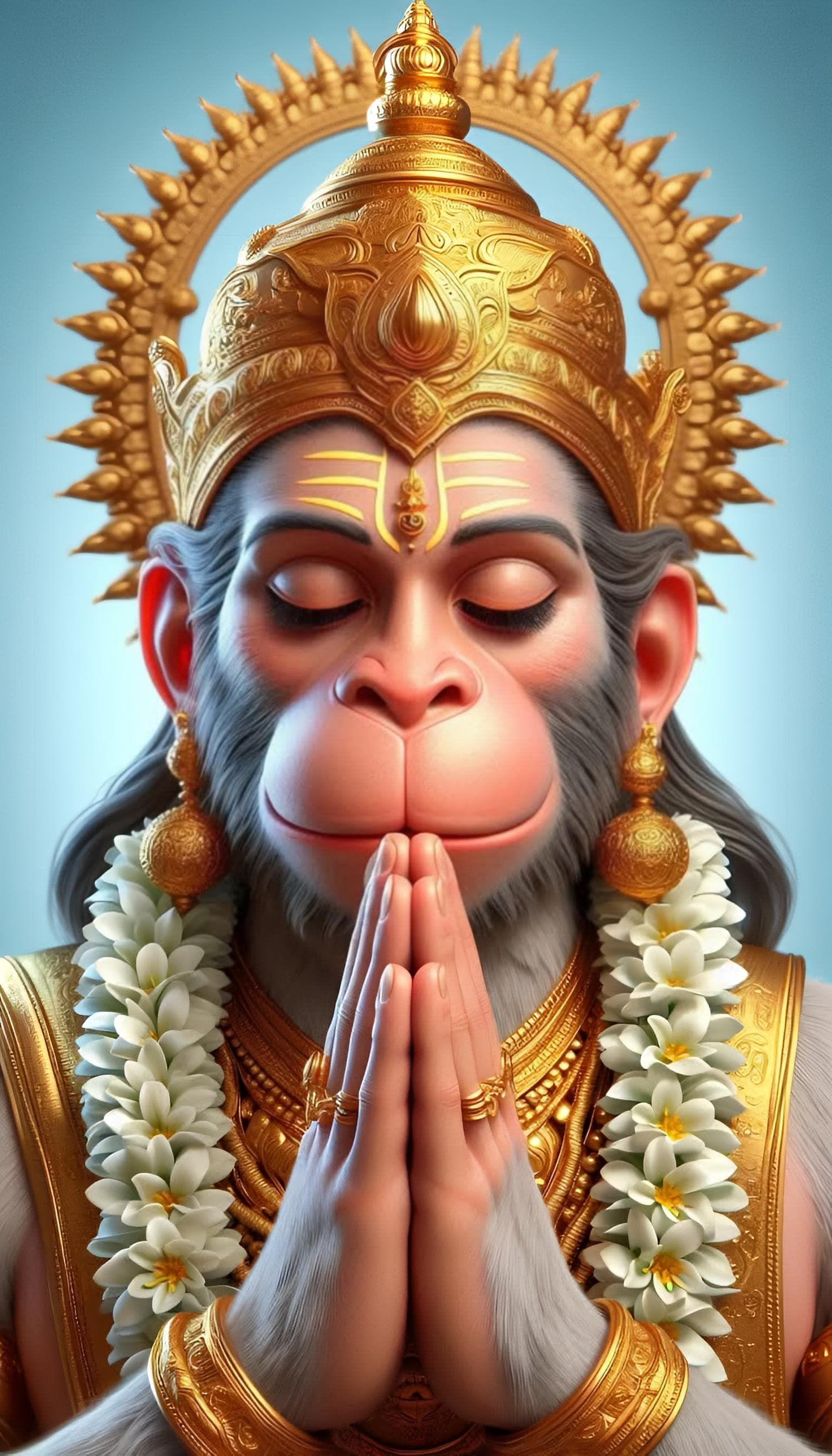 Hanuman in prayer, golden portrait
