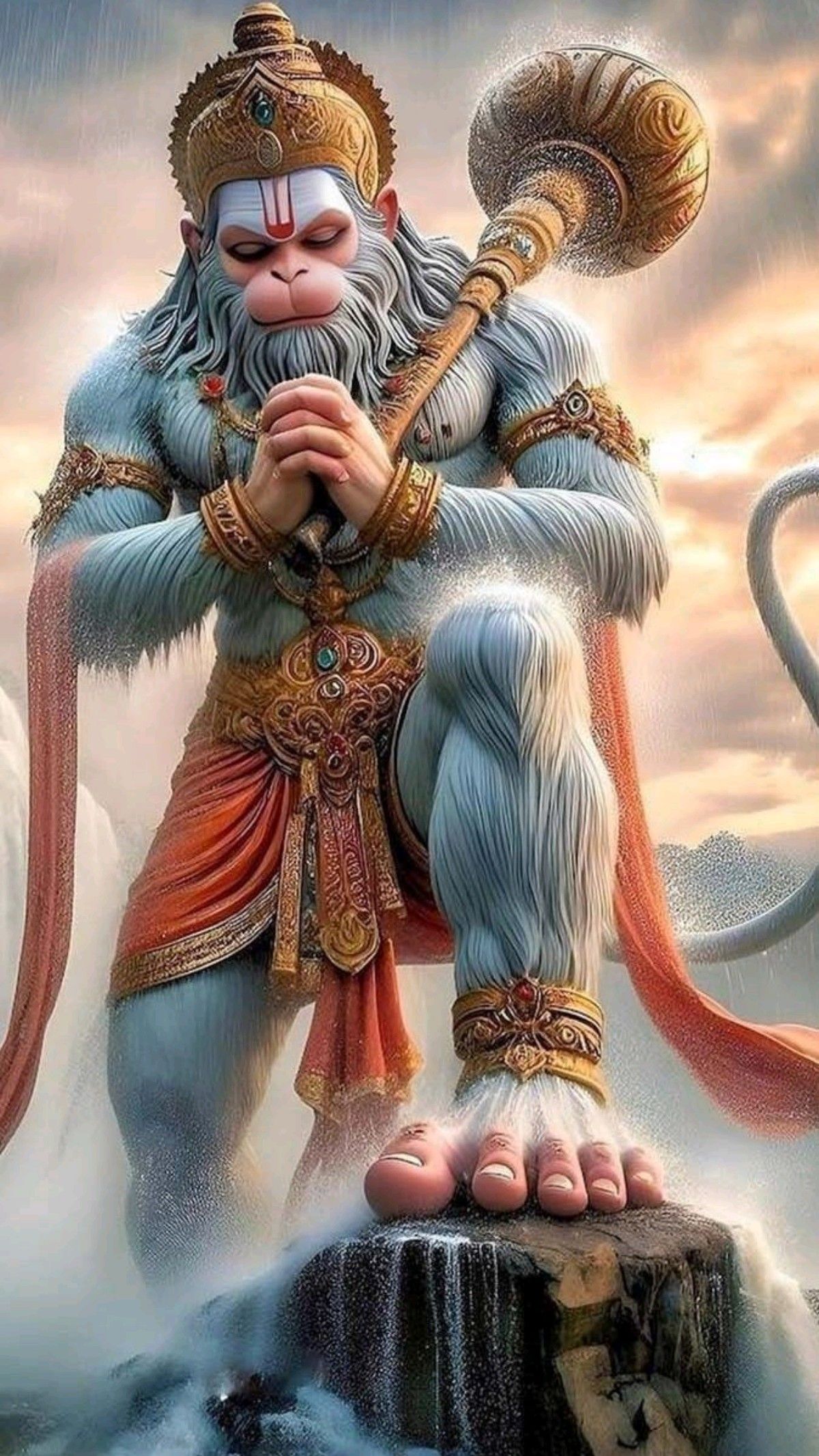 Hanuman praying with mace in hand