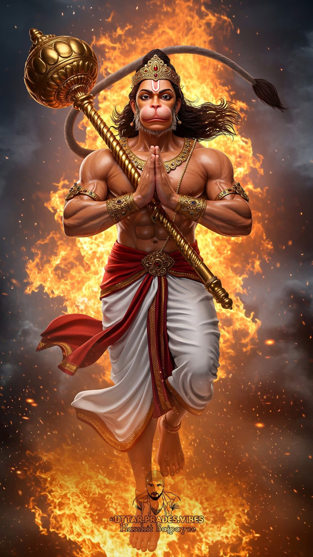 Hanuman praying with mace in hand