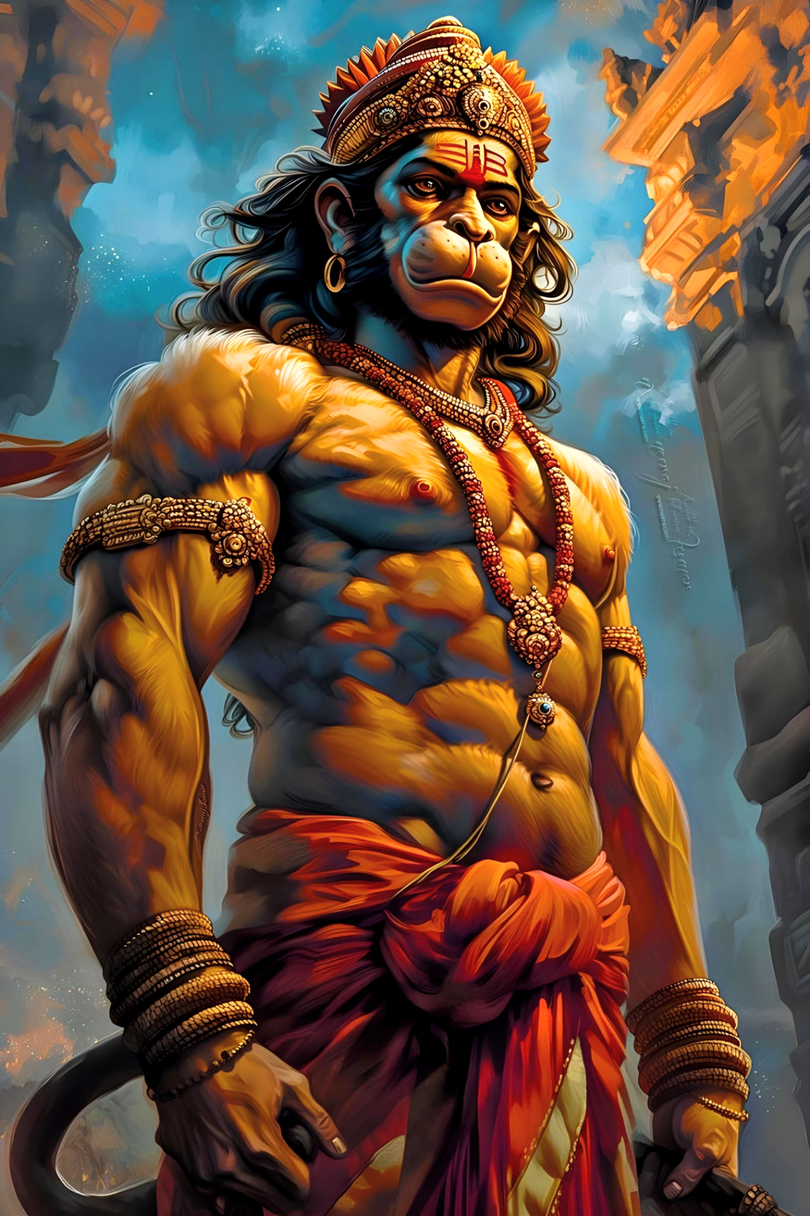 Powerful Hanuman with mace, divine protector.