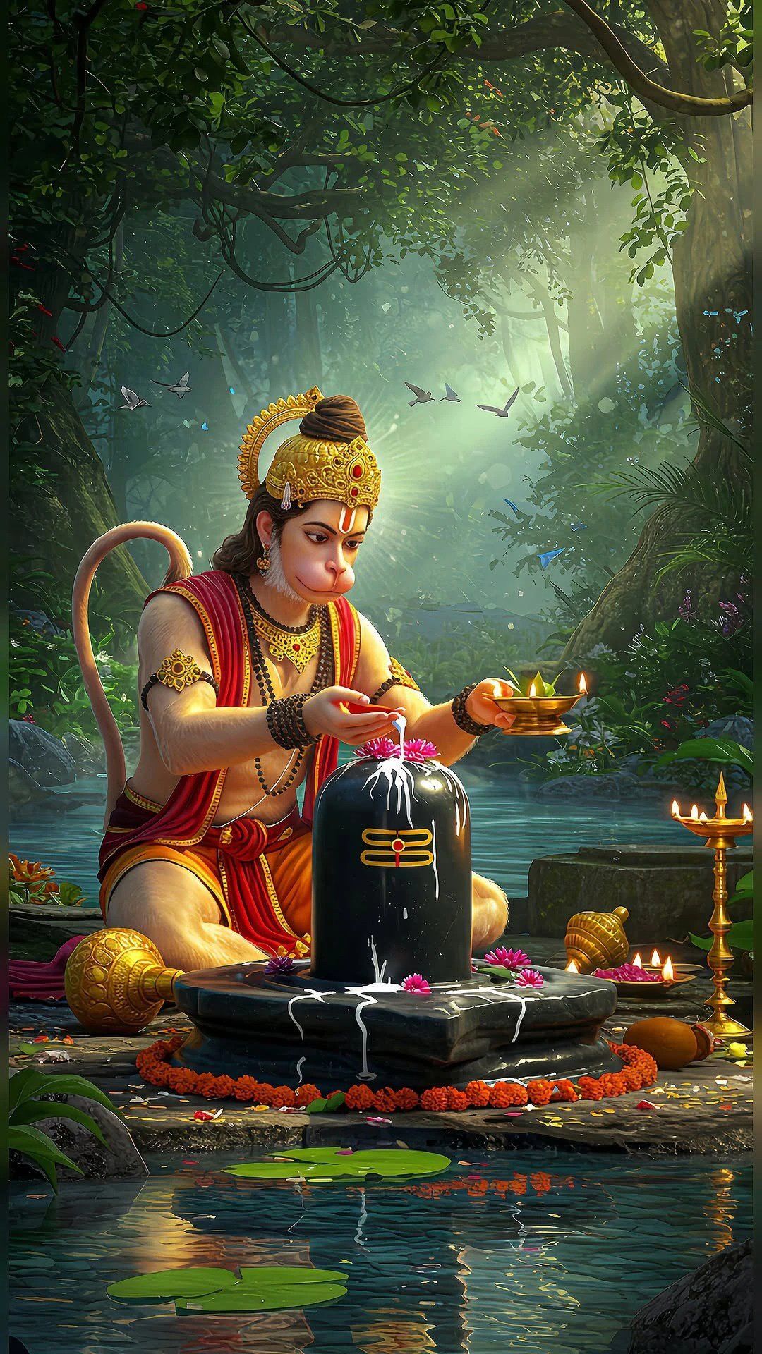 Hanuman offering prayers to Shiva Lingam.