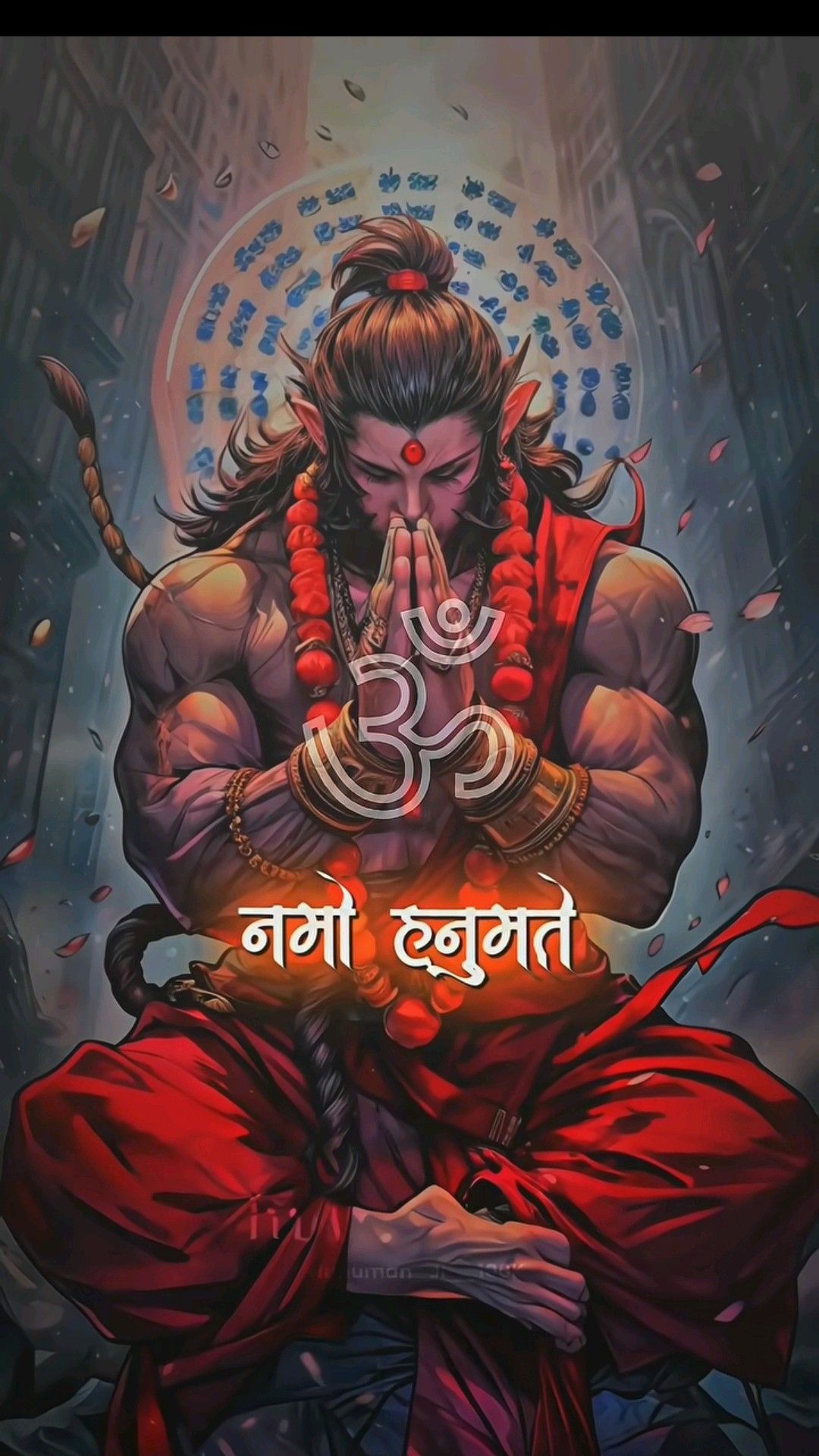 Hanuman offering lotus with Om symbol