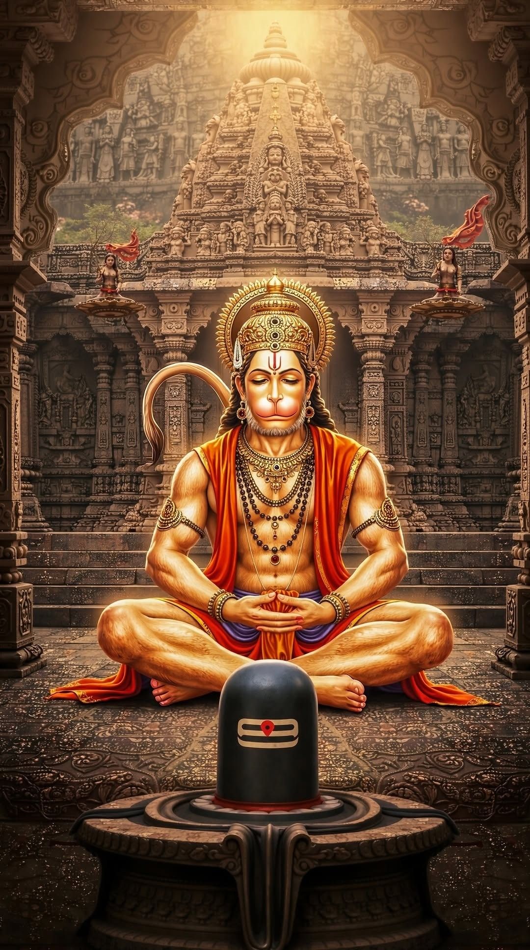 Hanuman meditating before Shiva Lingam
