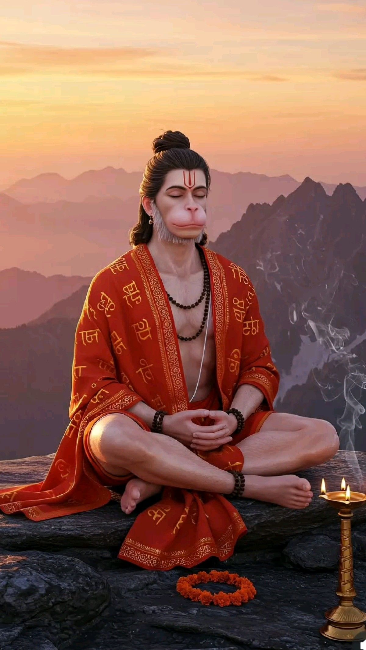 Hanuman meditating amidst mountain landscape