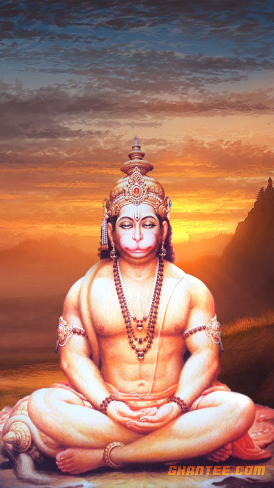 Hanuman meditating at sunset, divine wallpaper