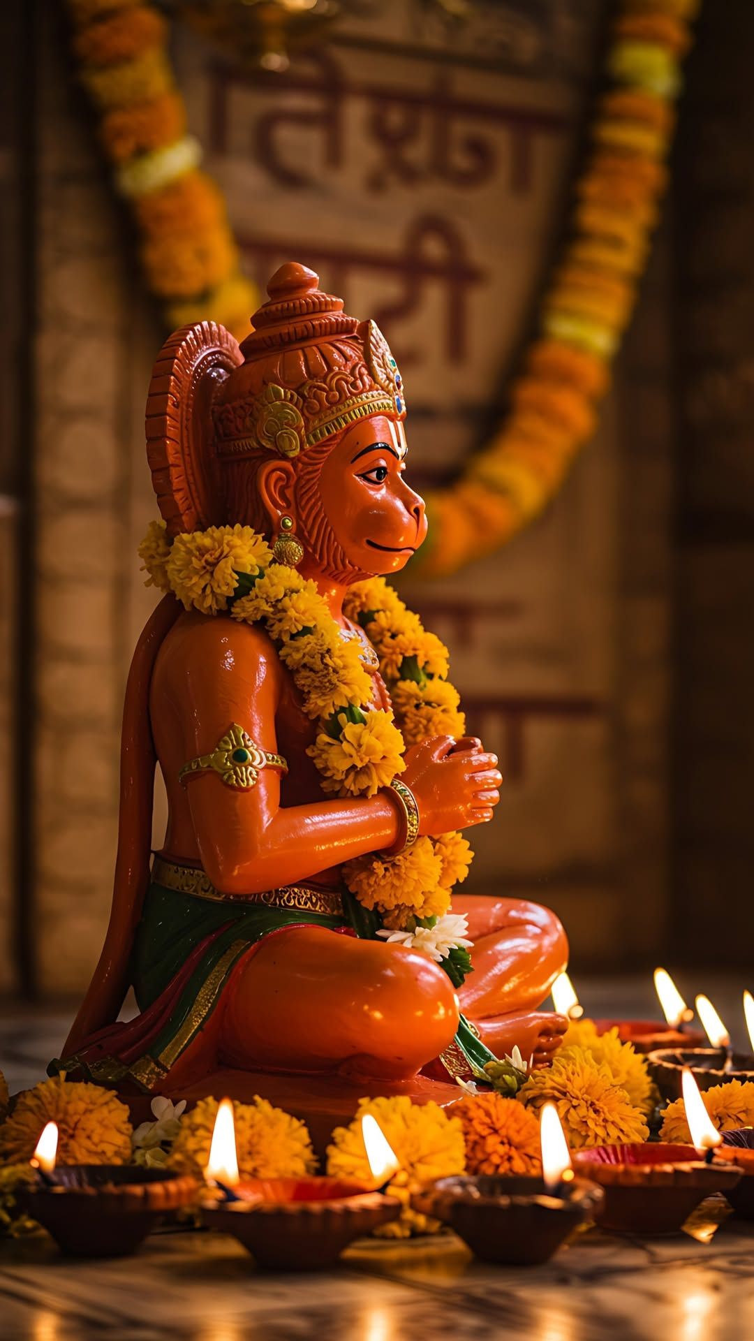 Hanuman idol in prayer with diyas