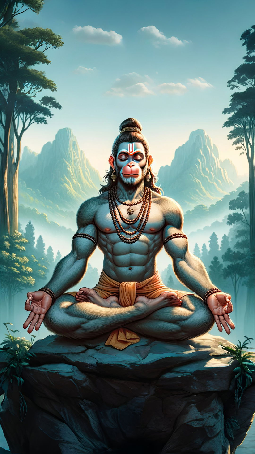 Hanuman meditating in a serene forest