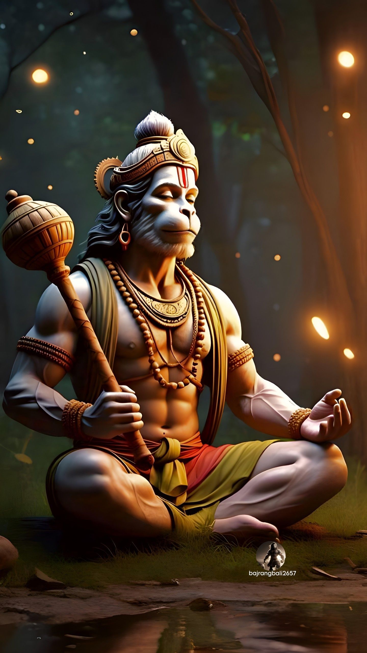 Hanuman meditating in a lush forest