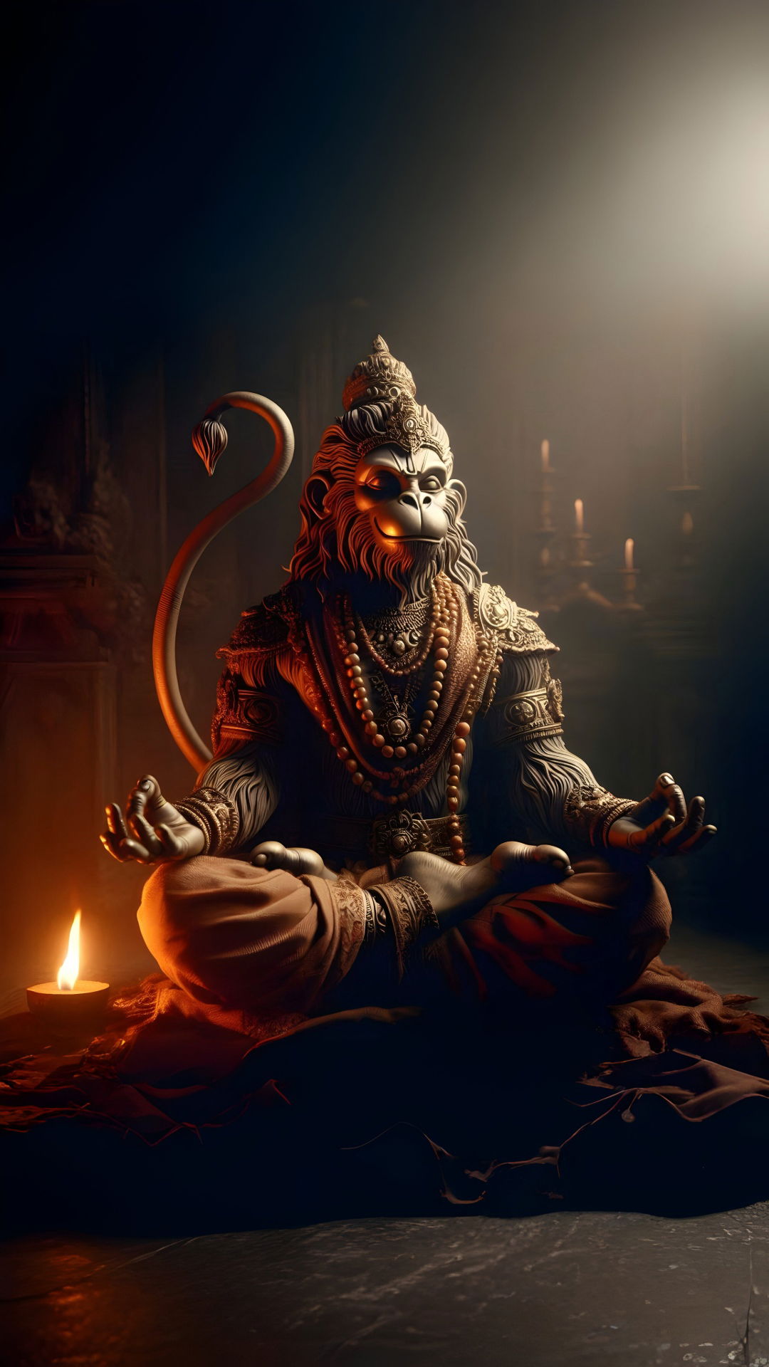 Meditating Hanuman statue with lamp.